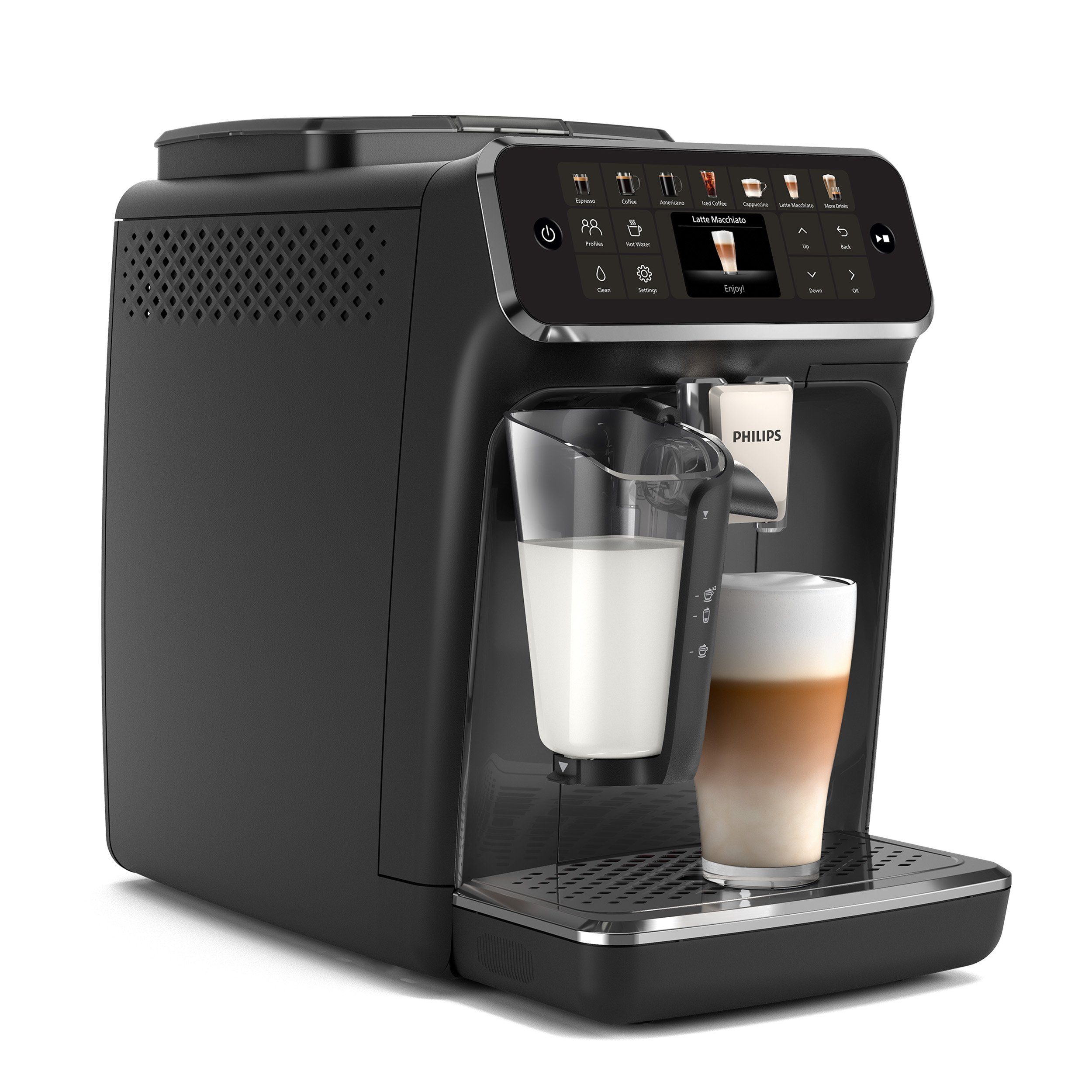 Philips Kaffeevollautomat EP4441/50 4400 Series, 12 Kaffeespezialitäten (heiß oder eisgekühlt), LatteGo-Milchsystem, SilentBrew Technologie, Schwarz