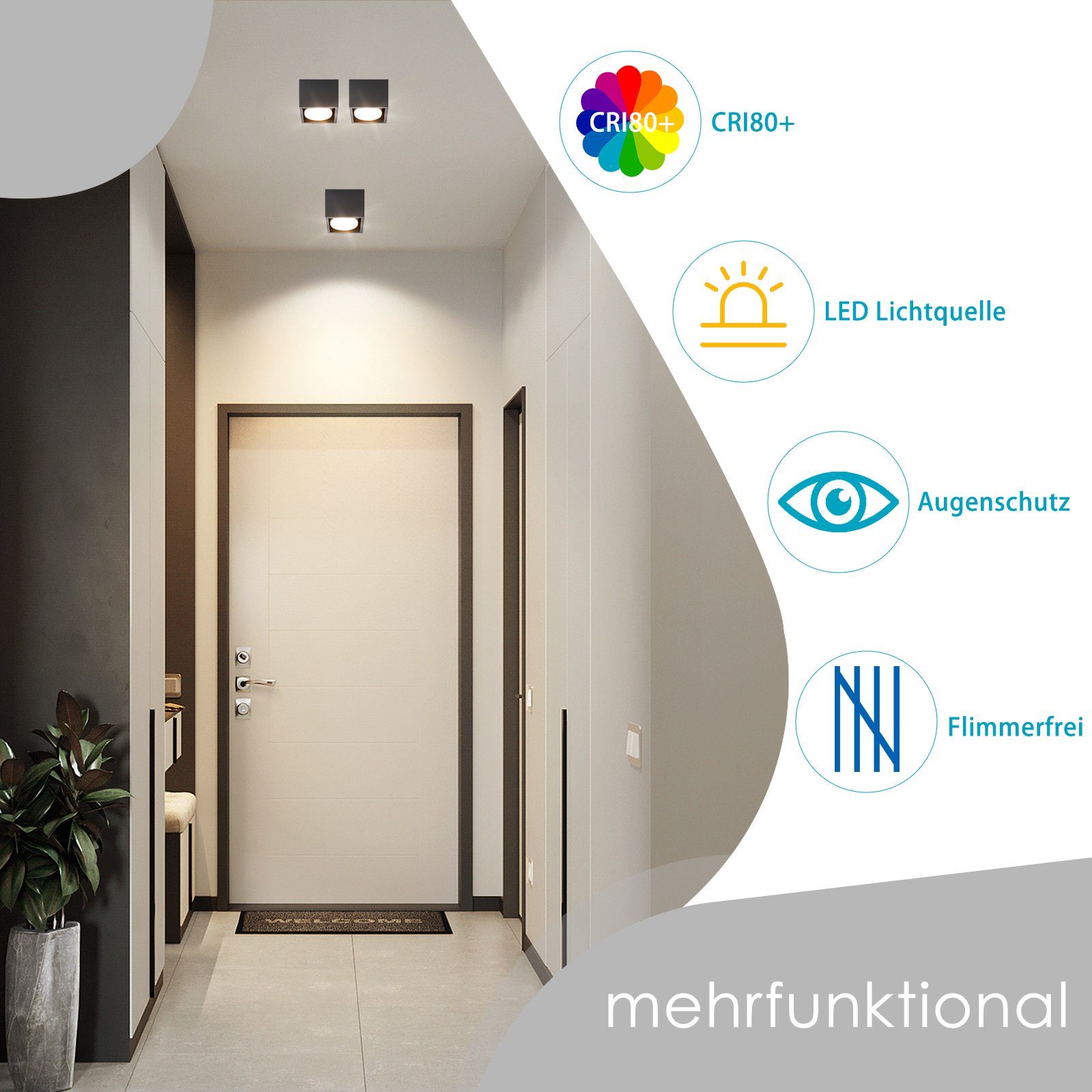 Nettlife LED LED 5W für Flur, Deckenstrahler Esszimmer Schwarz Warmweiß, wechselbar, Weiß 120°, Deckenleuchte, Aufputz Küche Wohnzimmer Deckenspots Aufbau Flammig Schwenkbar Korridor 1/2/3/4