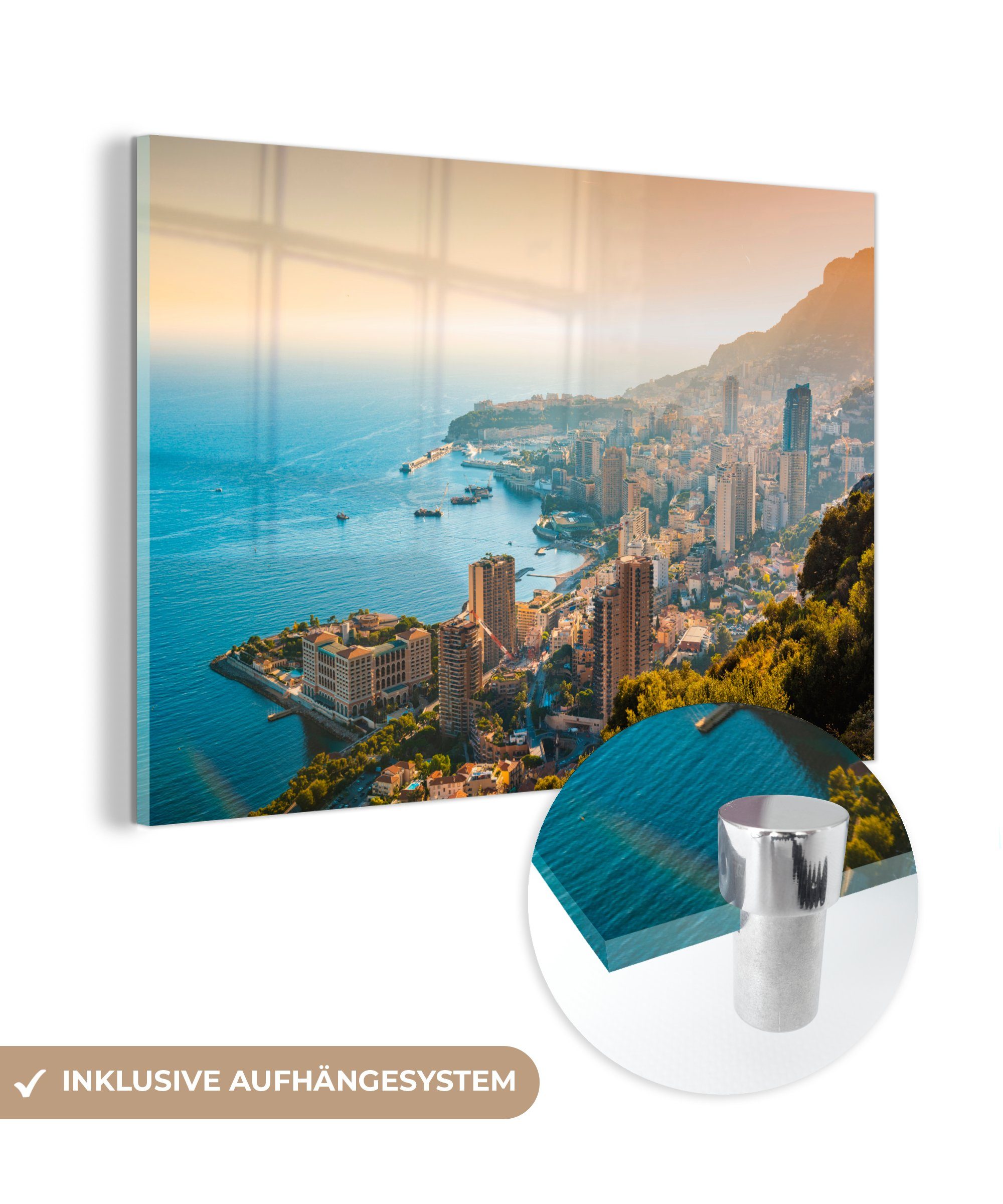 MuchoWow Acrylglasbild Blick auf Monaco am Meer an einem Sommertag, (1 St), Acrylglasbilder Wohnzimmer & Schlafzimmer
