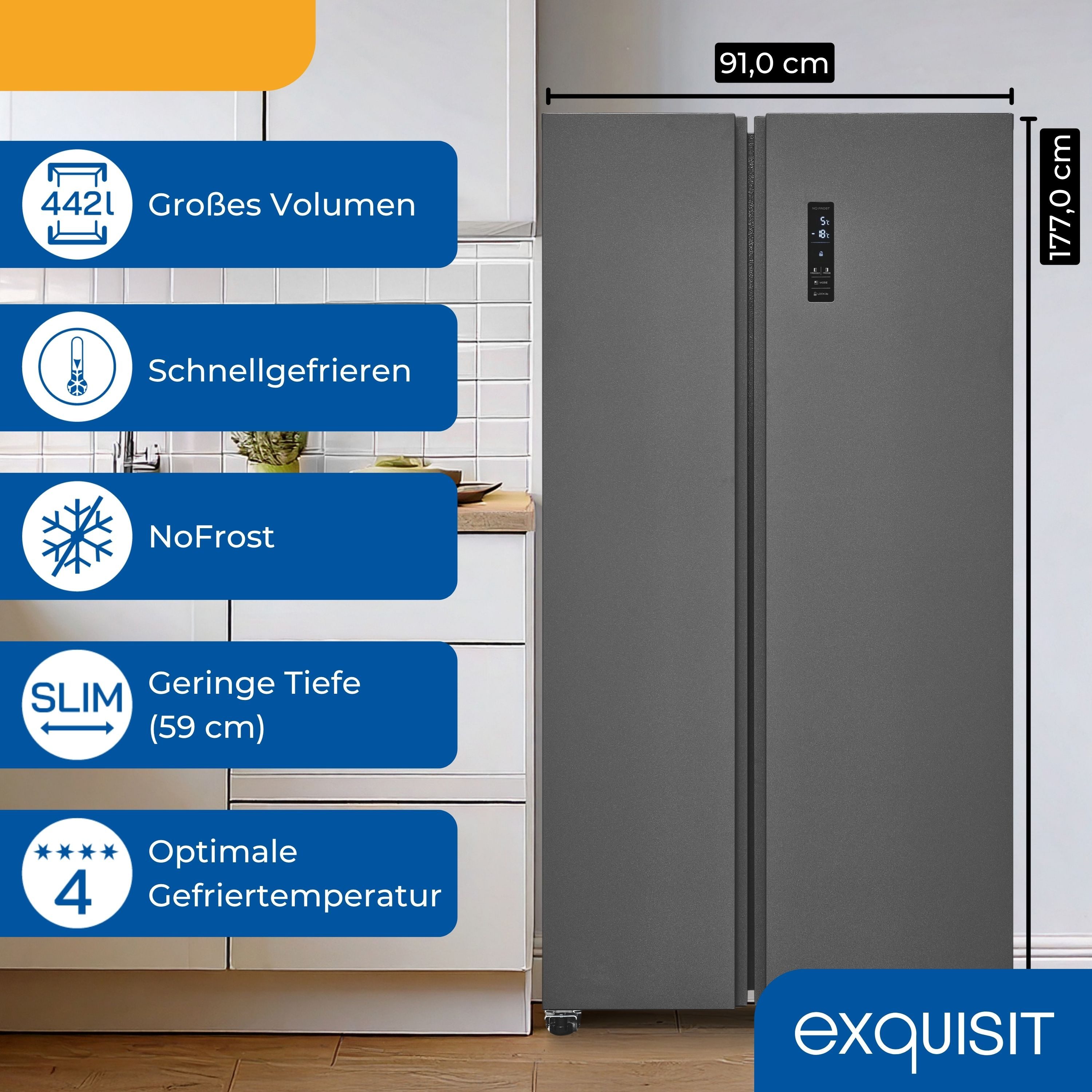 exquisit Side-by-Side SBS546-040D, 177 cm hoch, 91 cm breit, No Frost, Temperaturanzeige, Temperaturregelung, Innenbeleuchtung