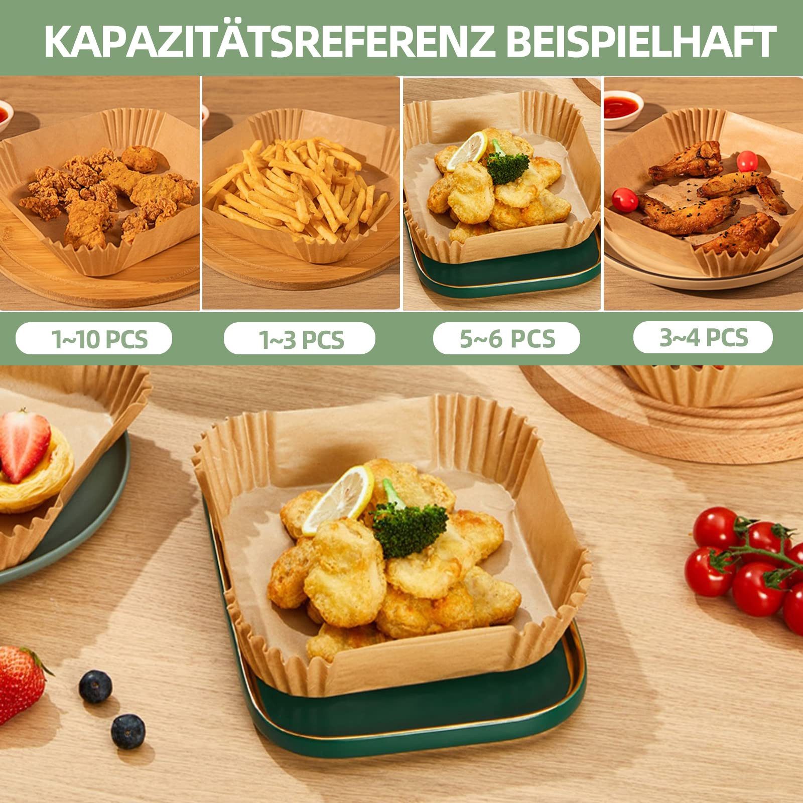 SURFOU Backpapier für Heißluftfritteuse-3–5L, Air Fryer Backpapier 16 cm-100/200 Stück, Antihaft & ölfestes Backpapier – Ø16 cm, Höhe 4,5 cm, Quadratisch