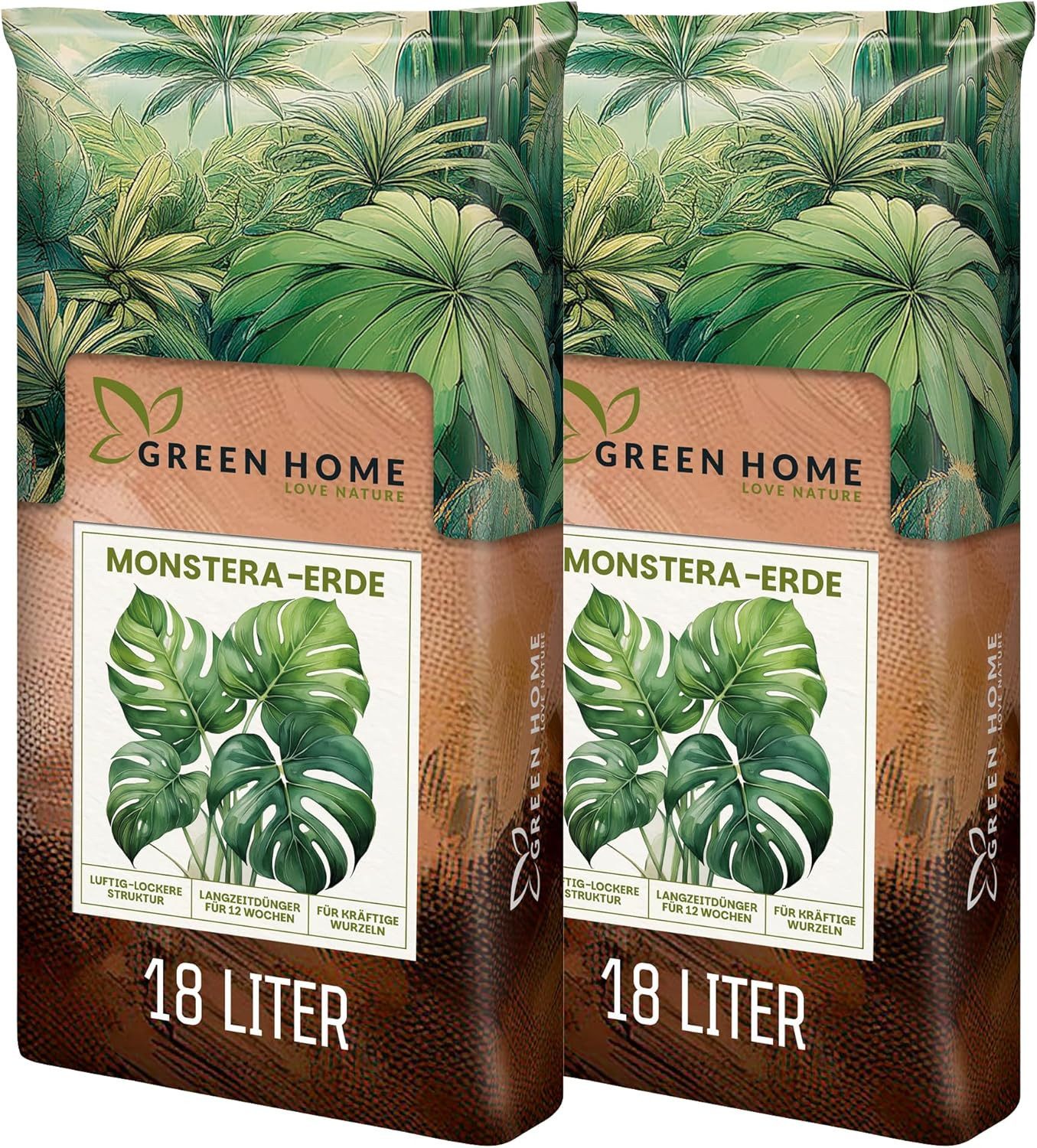 GREEN HOME LOVE NATURE Spezialerde Monstera Erde – Substrat für Monstera, Aroiden & Zimmerpflanzen 18 L, 36 L, 72 L, Langzeitdünger, Perlit, Kokosfasern, pH 5,8, gute Drainage