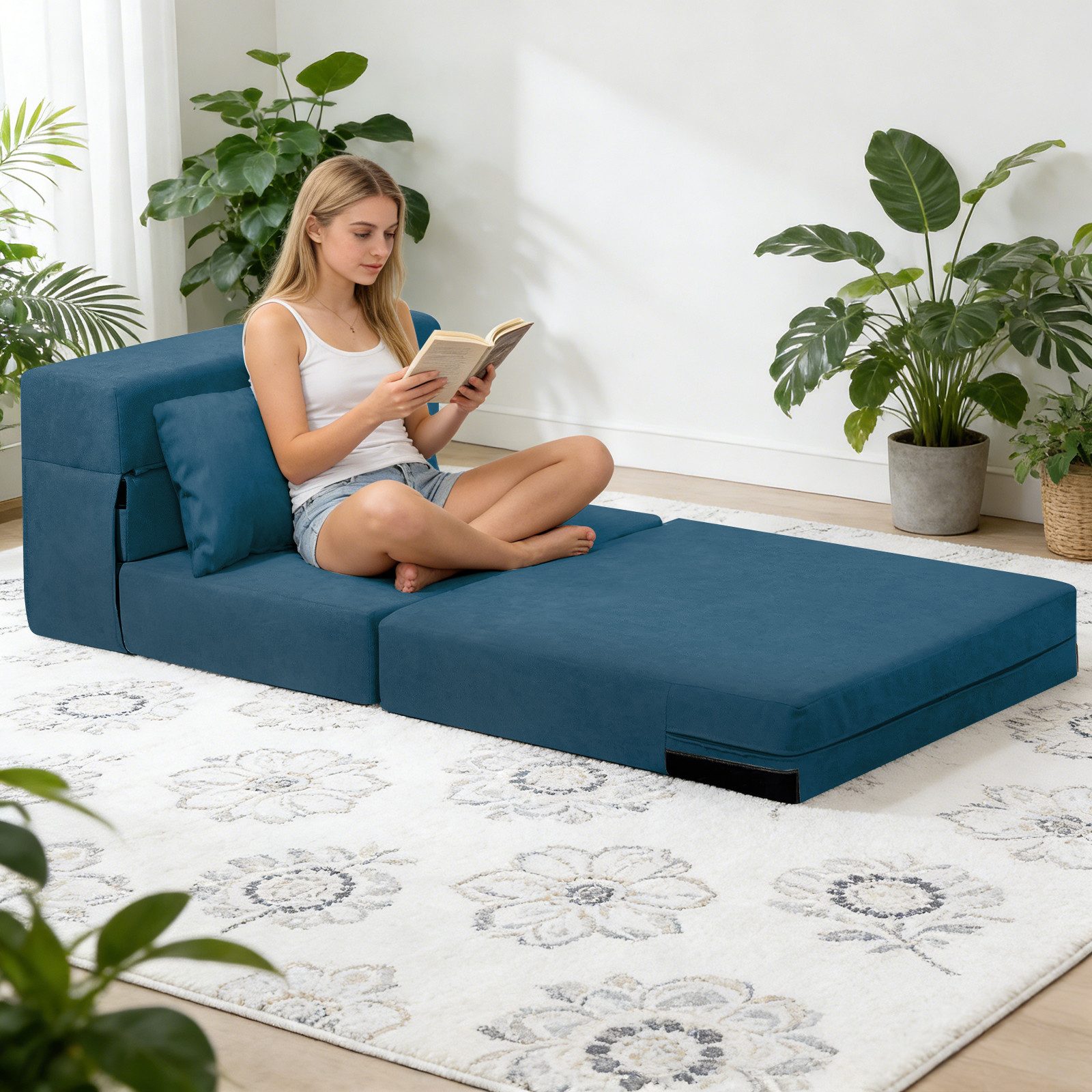 BlingBin Schlafsofa 3 in 1 klappbares Bodensofa Klappmatratze Schaumstoff extra dick 15cm, 210B x 80T x 15H cm 1 Teile, in Matratze umwandelbar, mit 2 Kissen