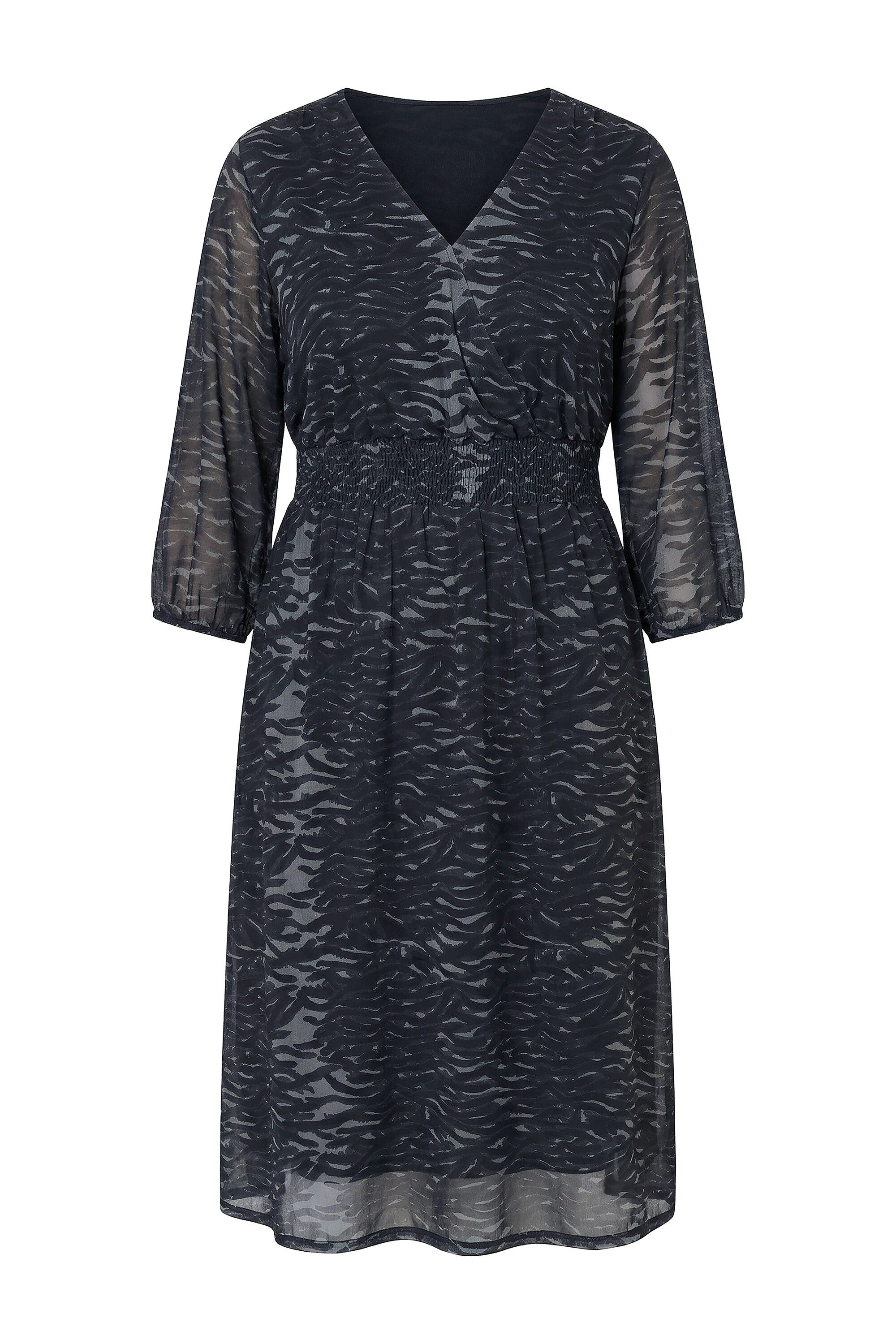 Ulla Popken Midikleid Midi-Meshkleid Zebramuster V-Ausschnitt 3/4-Arm