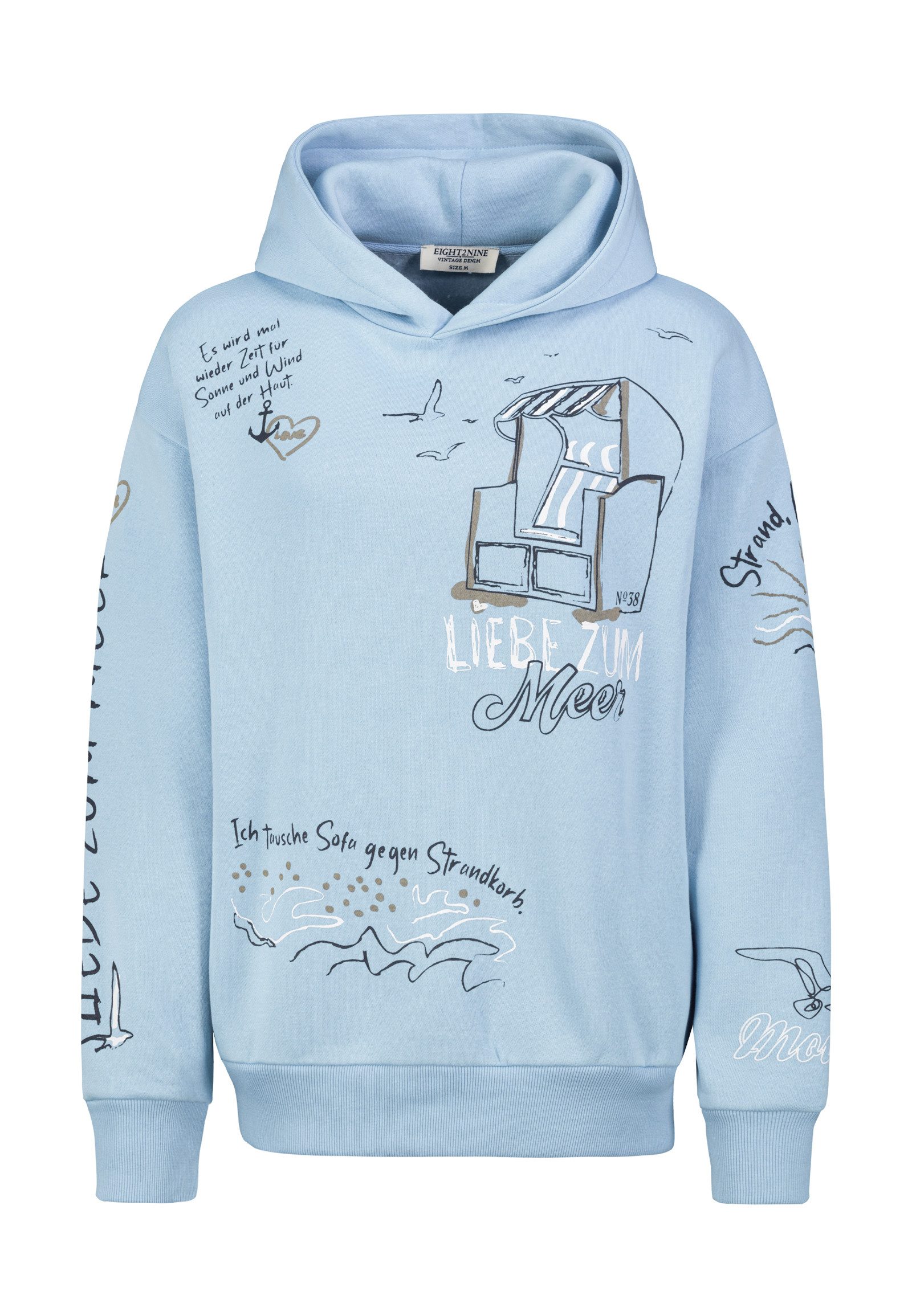 Eight2Nine Kapuzenpullover Damen Hoodie Kapuzenpullover allover Küstenprint Sweater, Kapuzensweatshirt mit seitl. Eingrifftaschen