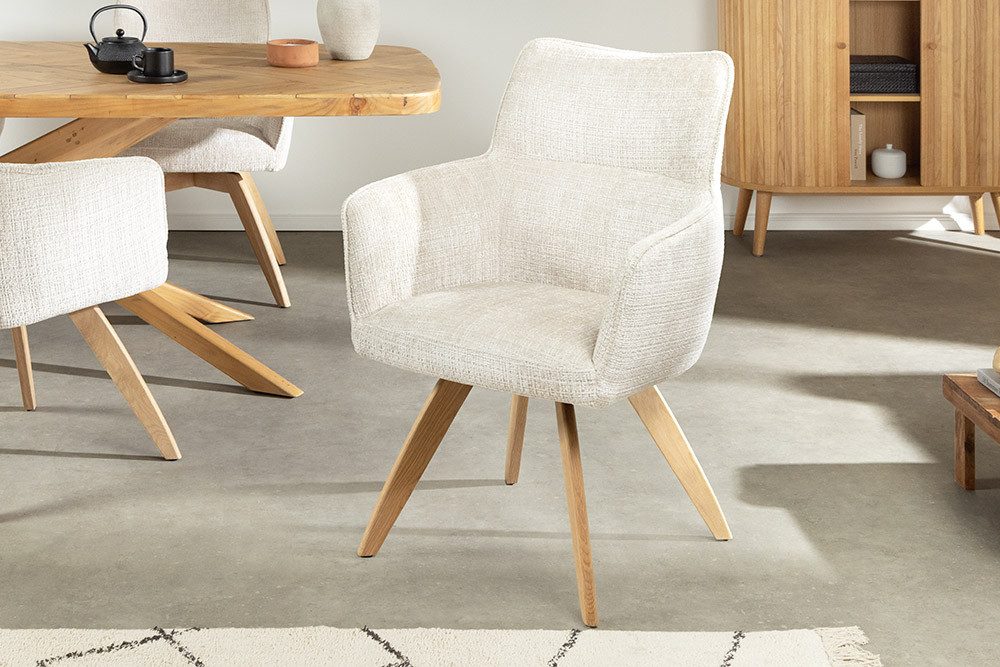 riess-ambiente Drehstuhl ASGARD champagner – Chenille Cremona, Holzbeine, Armlehne & Federkern (Einzelartikel, 1 St), 180° drehbar mit Rücklaufautomatik – ideal für Esszimmer, Küche & Büro