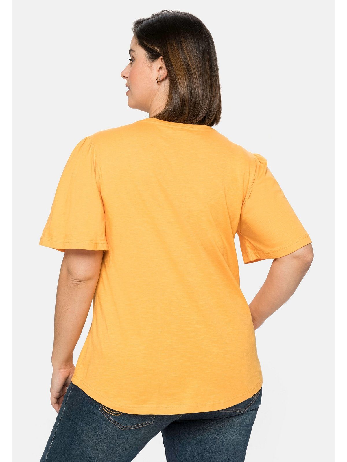 Sheego mit Flügelärmeln, reiner Große kurzen Baumwolle Größen apricot aus T-Shirt
