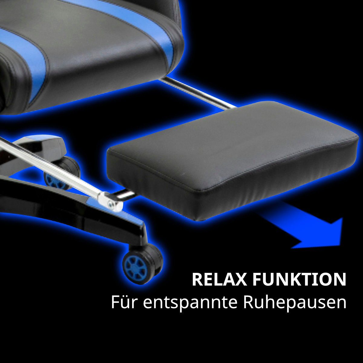 SVITA Gaming Chair GAMYX (1 Nackenkissen verstellbare Armlehnen, Schwarz mit | Streifen blauen Lenden- Schwarz St), blauen & ausziehbare mit Fußablage, Streifen