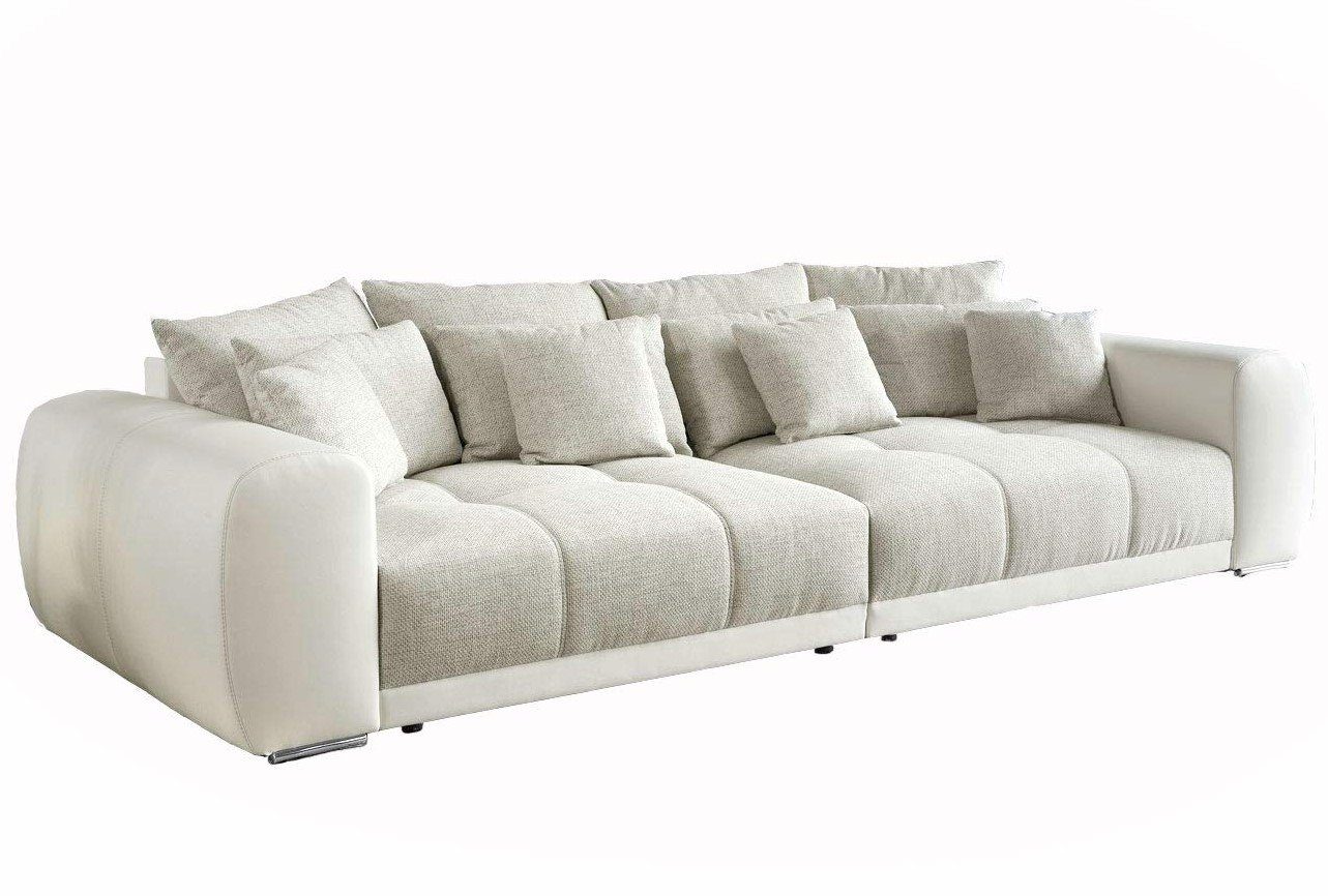 luma-home Big-Sofa 15113, XXL-Couch 306x134 cm mit Federkernpolsterung, viele Kissen, markante Steppungen, Kunstleder Weiß, Web-Strukturstoff Grau Beige