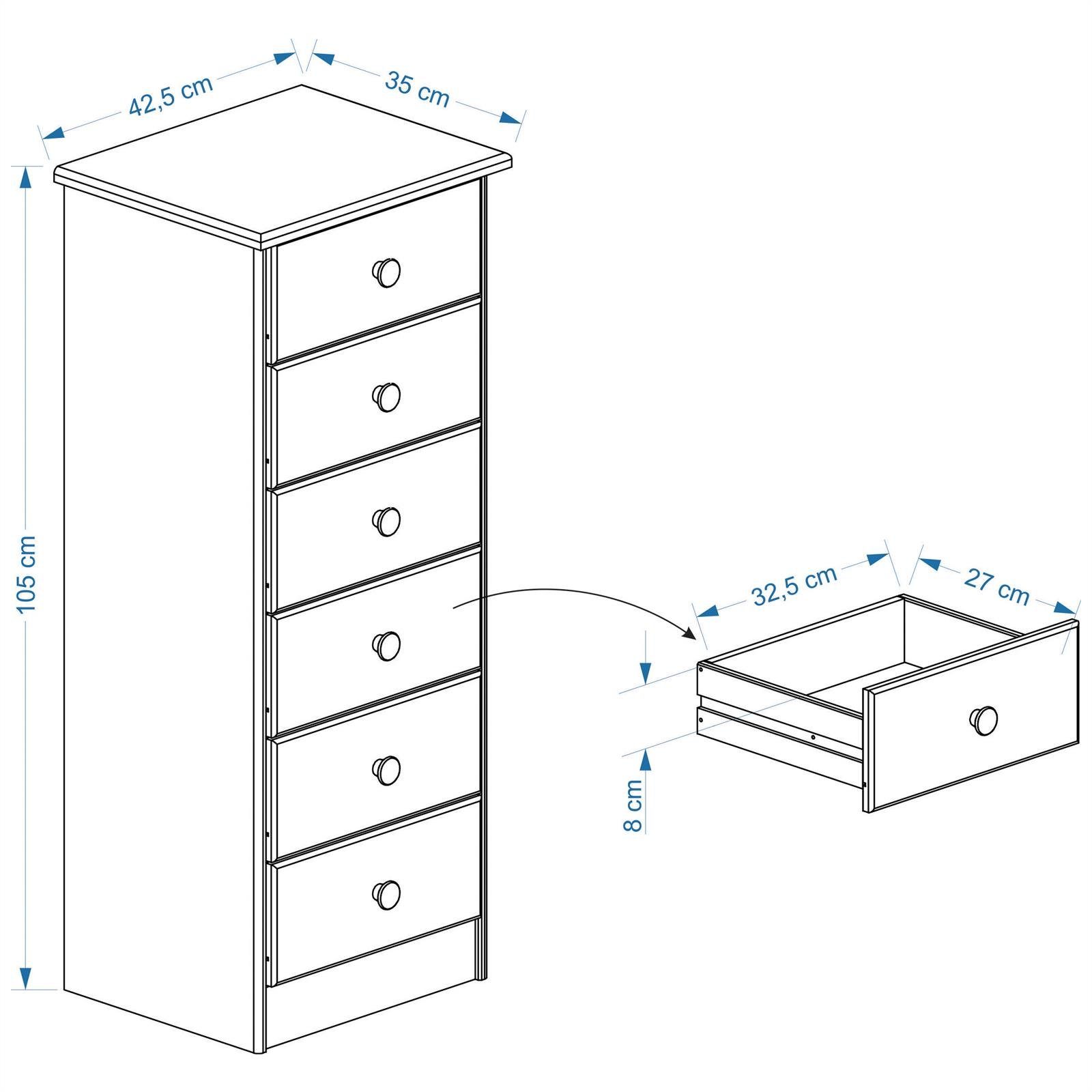 IDIMEX Kommode RONDO, Kommode Hochschrank mit 6 Schubladen Highboard Kiefer massiv lackiert