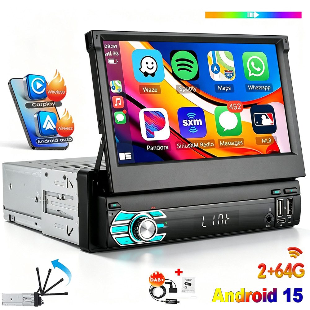 ESSGOO DAB+ 4+64G 1 DIN 7 Zoll Flip Out Android 15 Carplay Autoradio GPS WIFI Navigationsgerät (Apple Carplay Android Auto GPS Navi WIFI BT EQ)