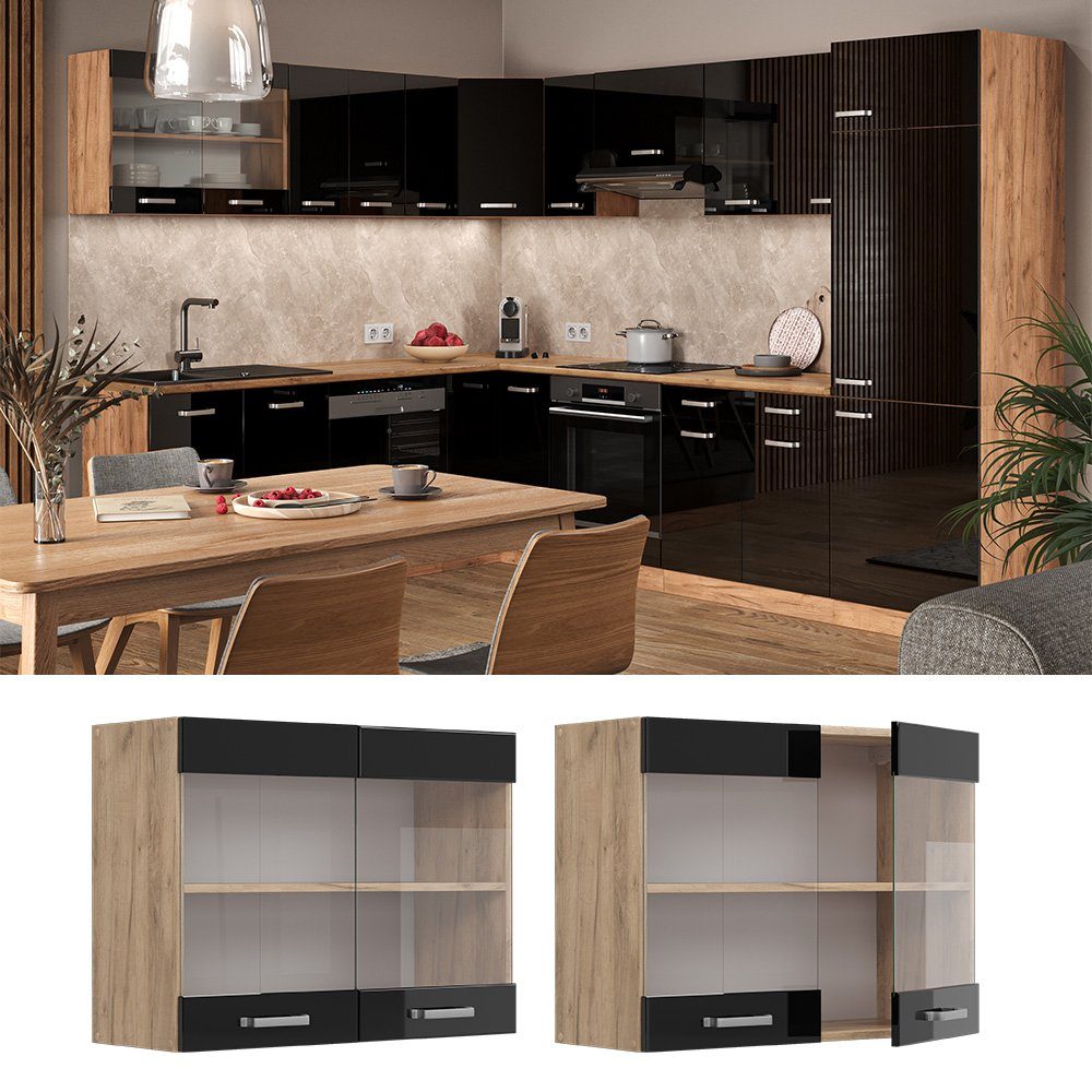 Vicco Glashängeschrank R-Line, Schwarz Hochglanz/Goldkraft Eiche, günstig online kaufen