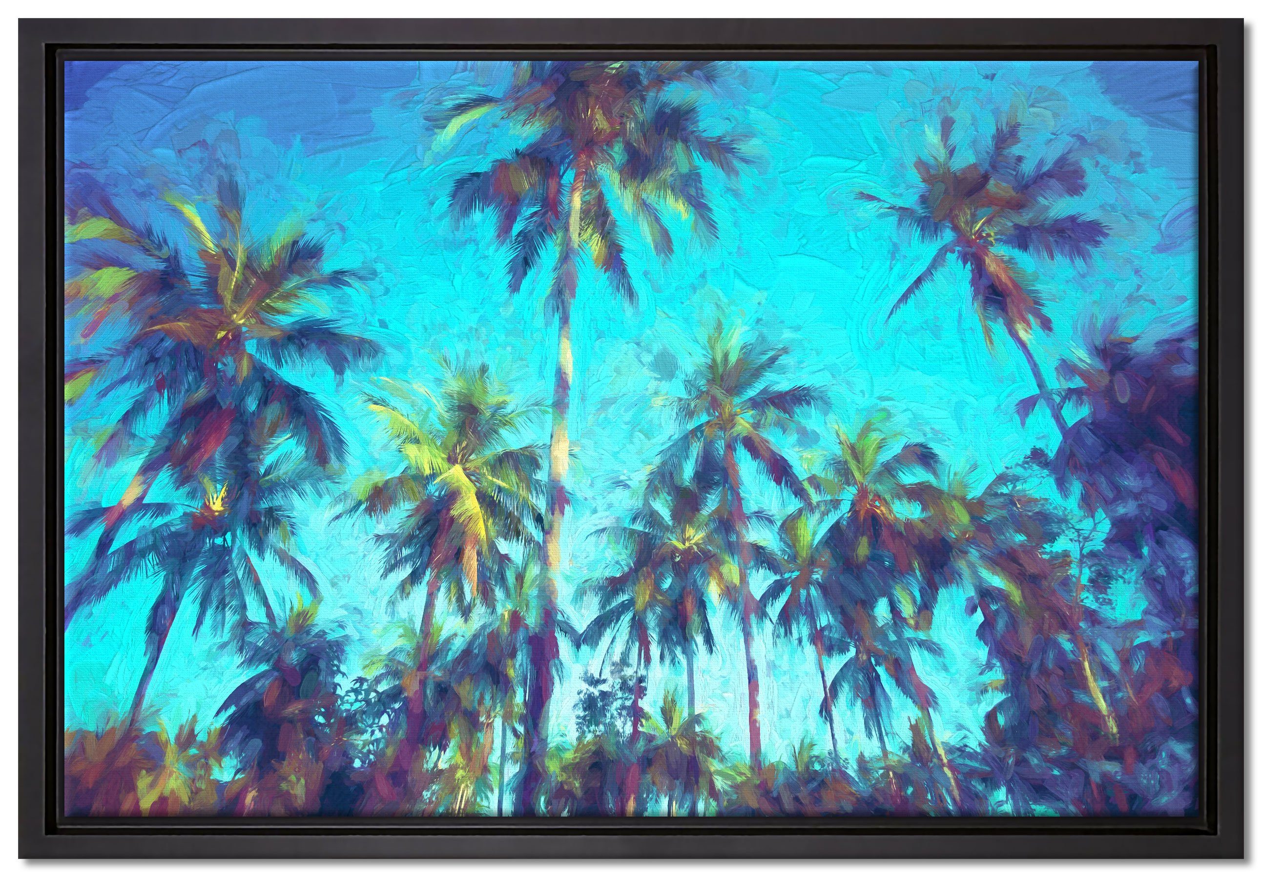 Leinwandbild Schattenfugen-Bilderrahmen einem in fertig Pixxprint (1 Kunst, Zackenaufhänger Palmen gefasst, inkl. Wanddekoration St), Tropische Leinwandbild bespannt,