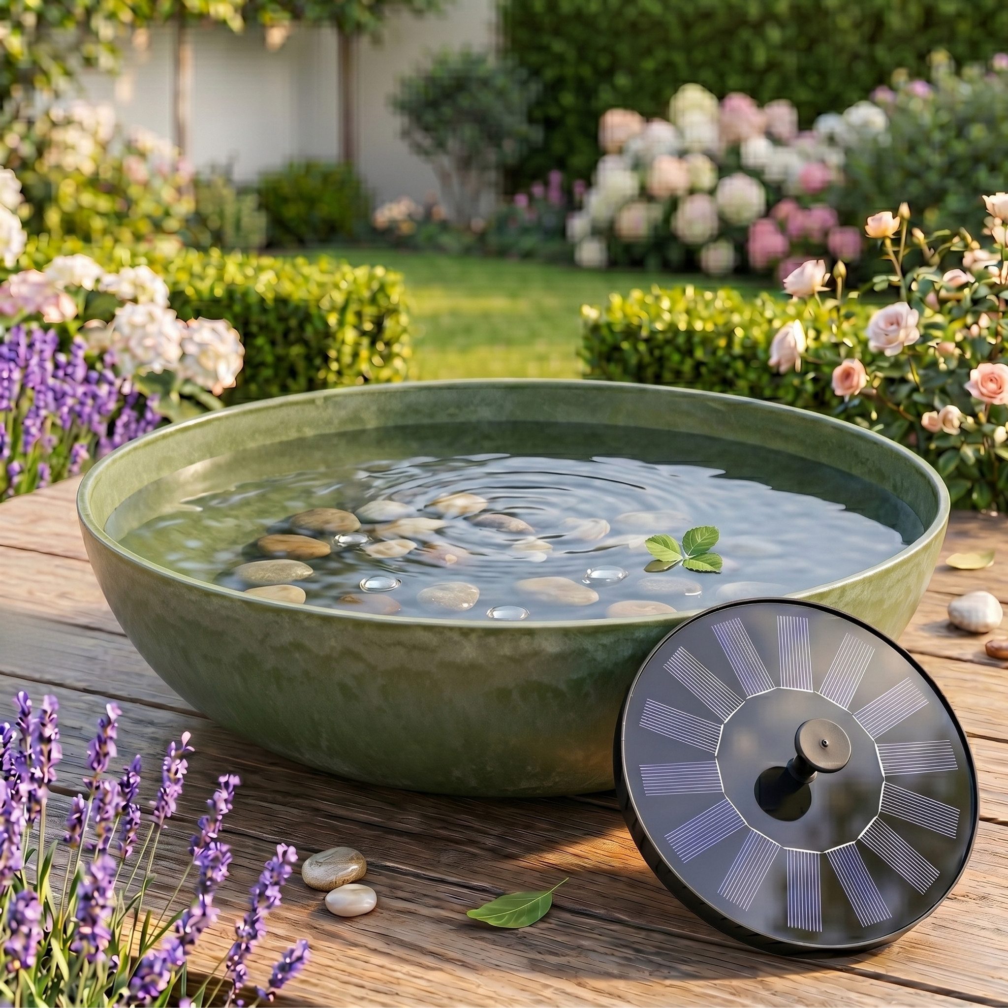 matches21 HOME & HOBBY Wasserspiel Solar Brunnen Set inkl. Akku - 45 cm bauchige Schale in grün, (2 tlg), Solar Springbrunnen und Brunnenschale als Gartendeko