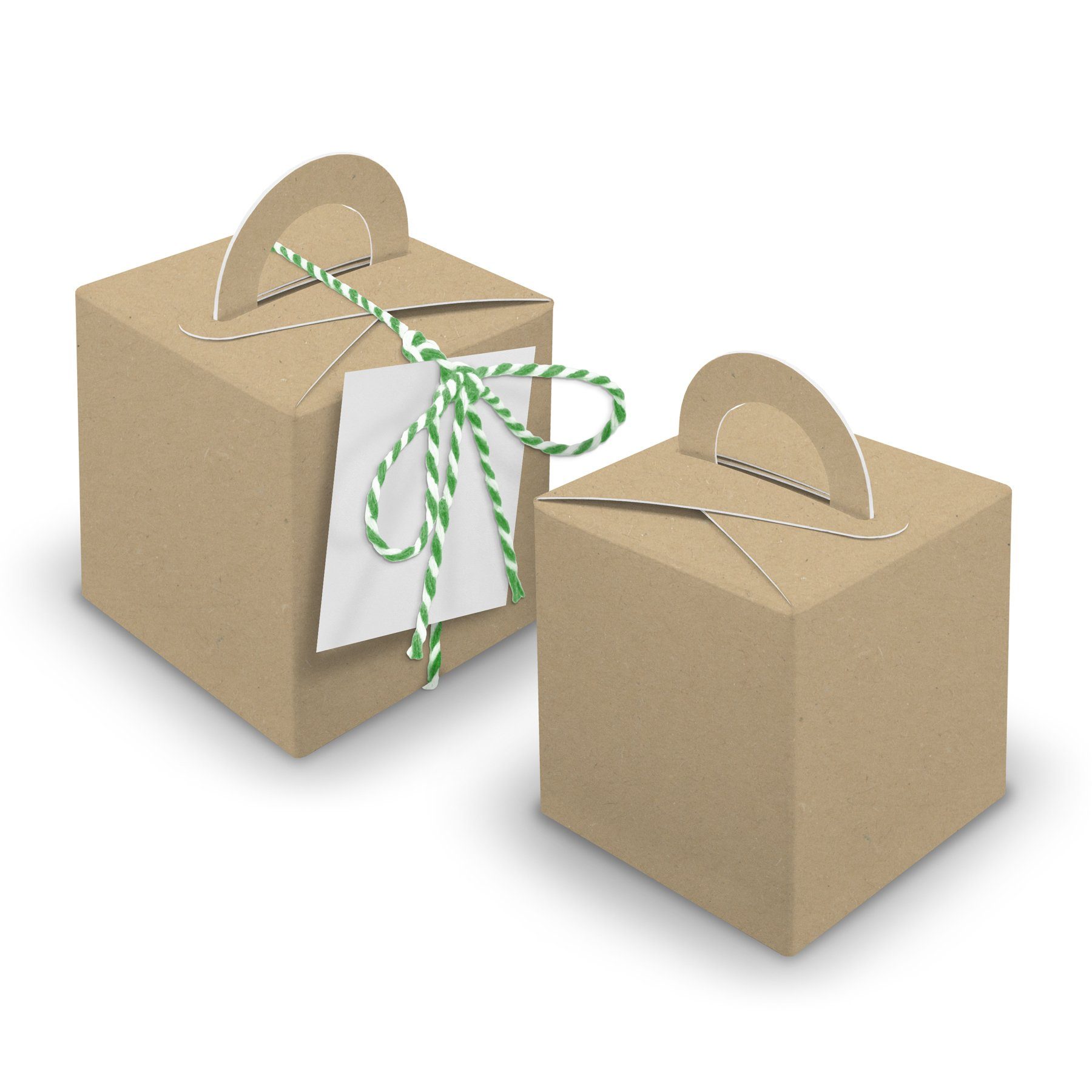 itenga Geschenkpapier V30 24x Würfelbox mit Griff braun + Garn grün + Anhänger | Geschenkpapier