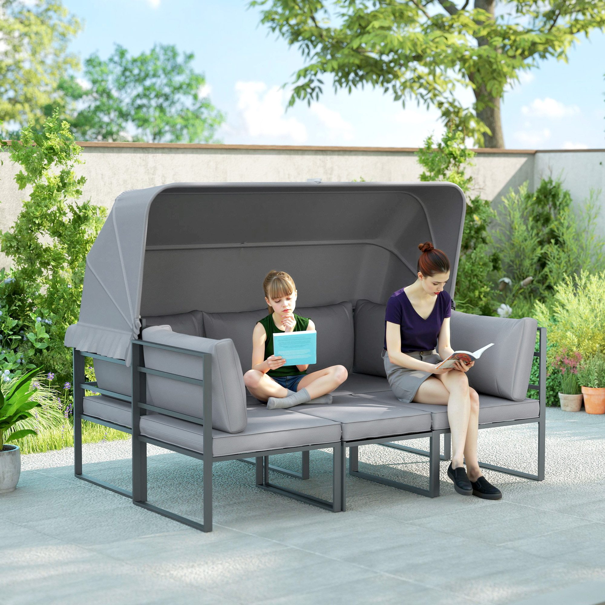 Outsunny Sitzgruppe mit 3er Sofa, 2 Sessel, Sonnendach, Kissen, Beistelltisch, (Sitzgruppe für 5 Personen, 4-tlg., wetterfest Gartenmöbel Set), für Garten, Balkon, Grau
