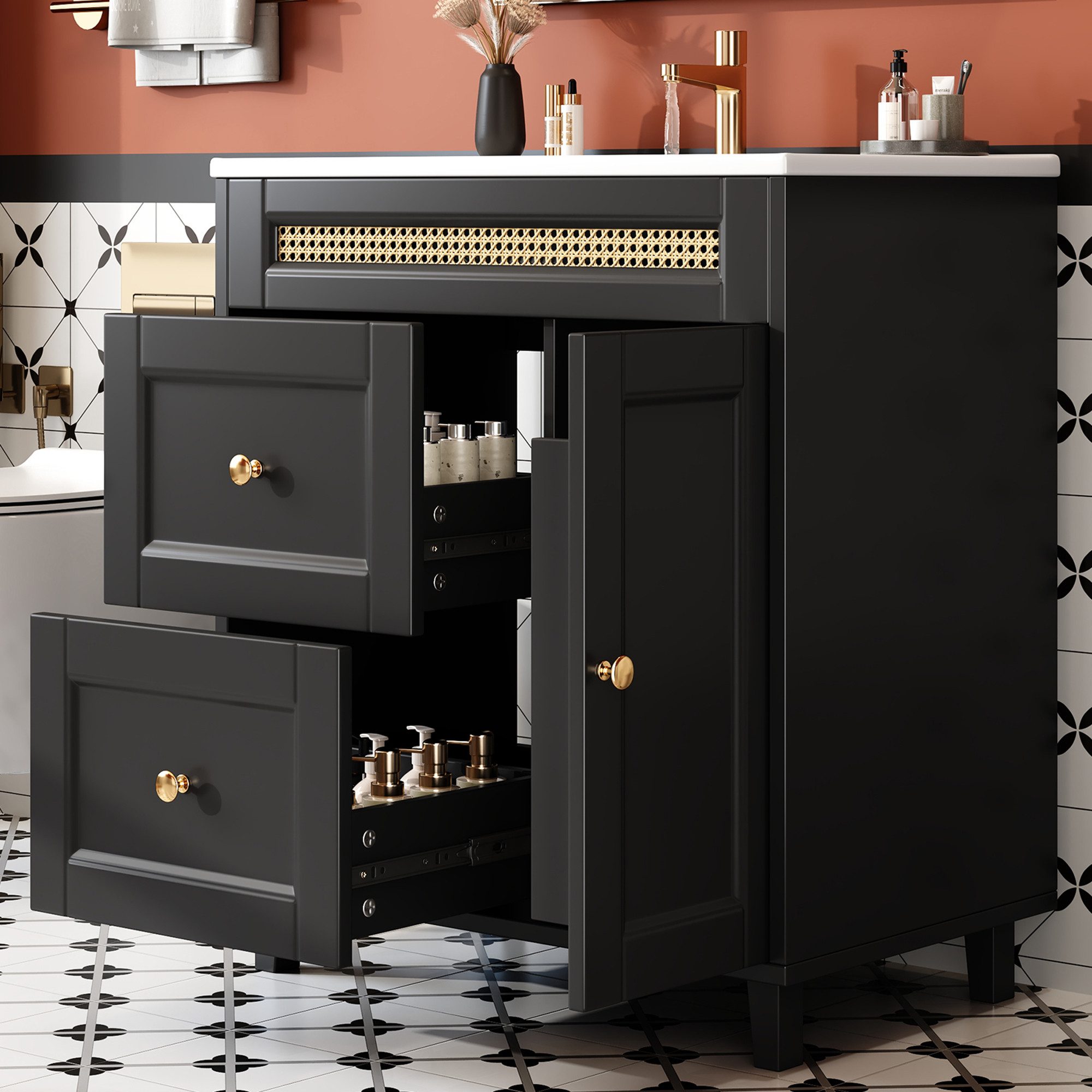 Flieks Waschtisch Massivholzfüße, Rattan-Dekorationen und verstellbare Einlegeböden (Waschbeckenunterschrank inkl. Waschbecken, bodenstehend, 1-St., B76/T46/H86,5 cm), Badmöbel-Set Badzimmerschank mit 2 Schubladen und Türablagen Schwarz