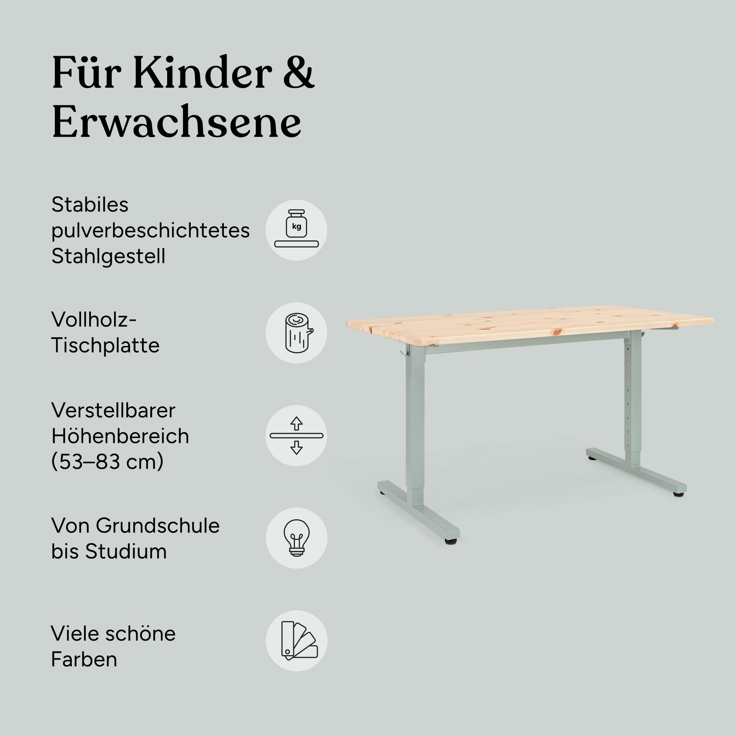 Ehrenkind Schreibtisch höhenverstellbar für Kinder und Erwachsene (mit Massivholzplatte & Stahlgestell, langlebig, Holzplatte aus massivem Kiefernholz), mitwachsend & zeitlos