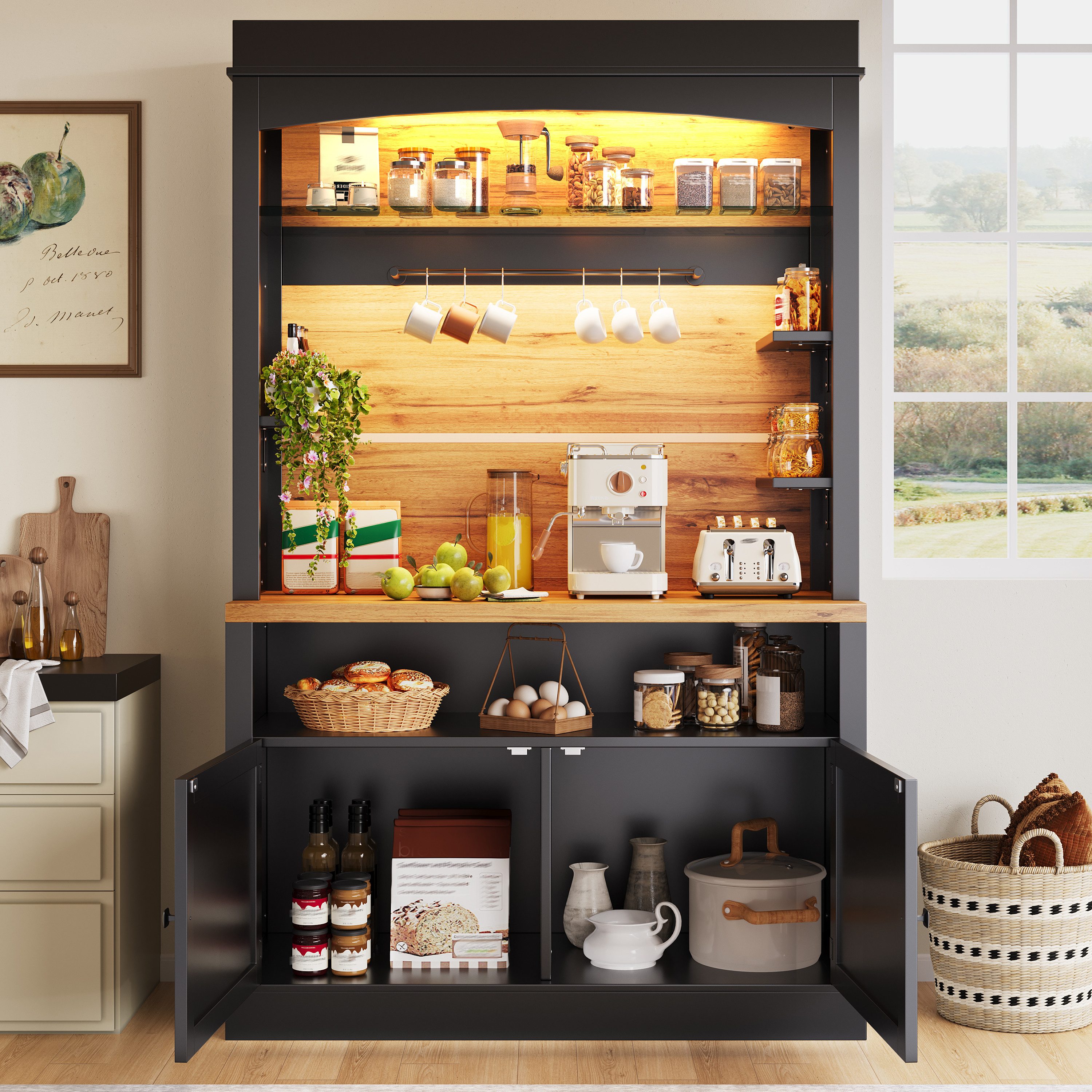 Flieks Küchenbuffet mit LED-Beleuchtung, Gläserhalter und Ablagen (1-St., 107x43x184 cm) Hochschrank Küchenschrank Buffetschrank mit Stauraum Schwarz