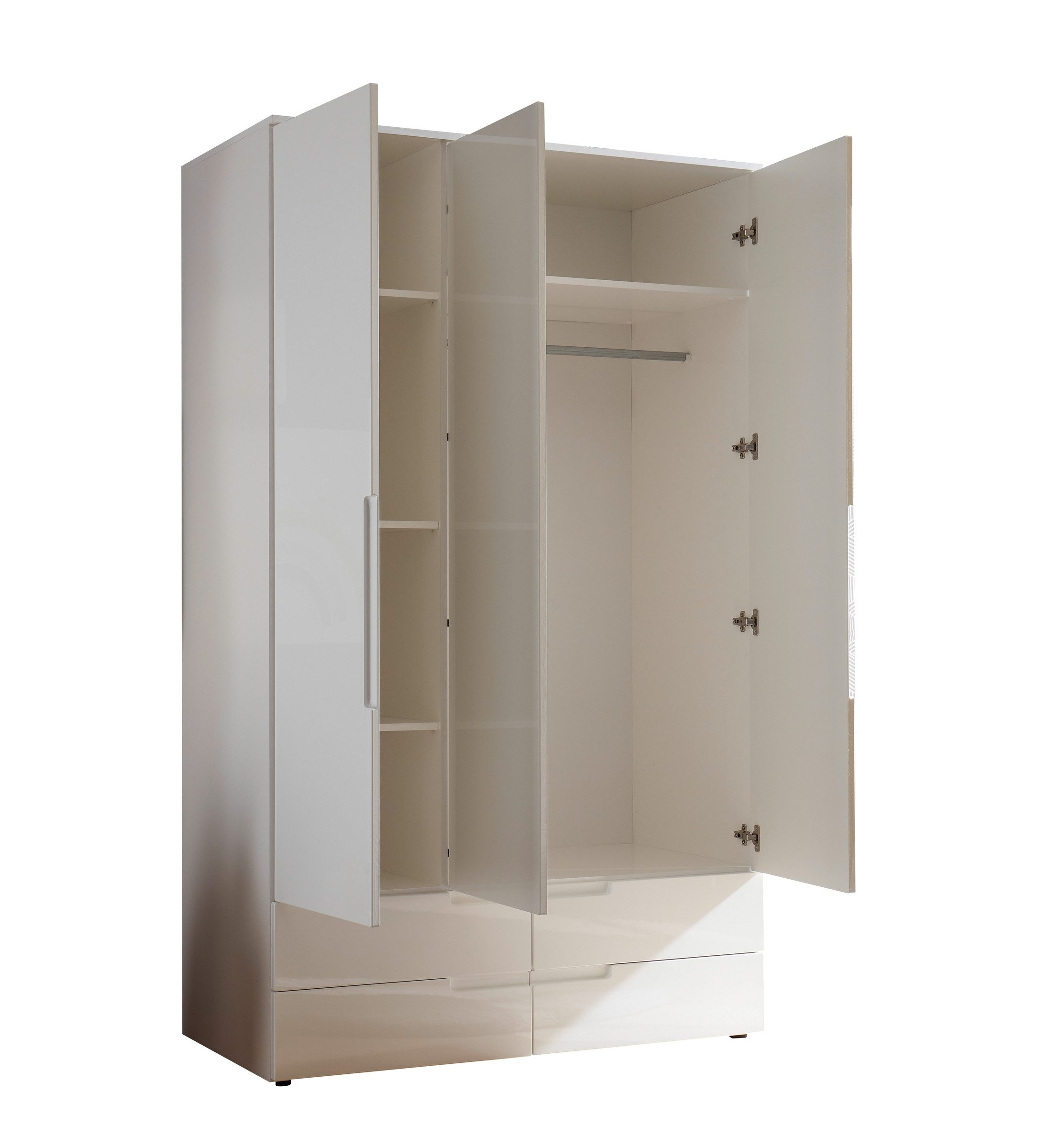 PREISBRECHER Kleiderschrank Spice 3 Türen, 4 Schübe, in Weiß / Weiß Hochglanz - 126x208x57 (BxHxT)