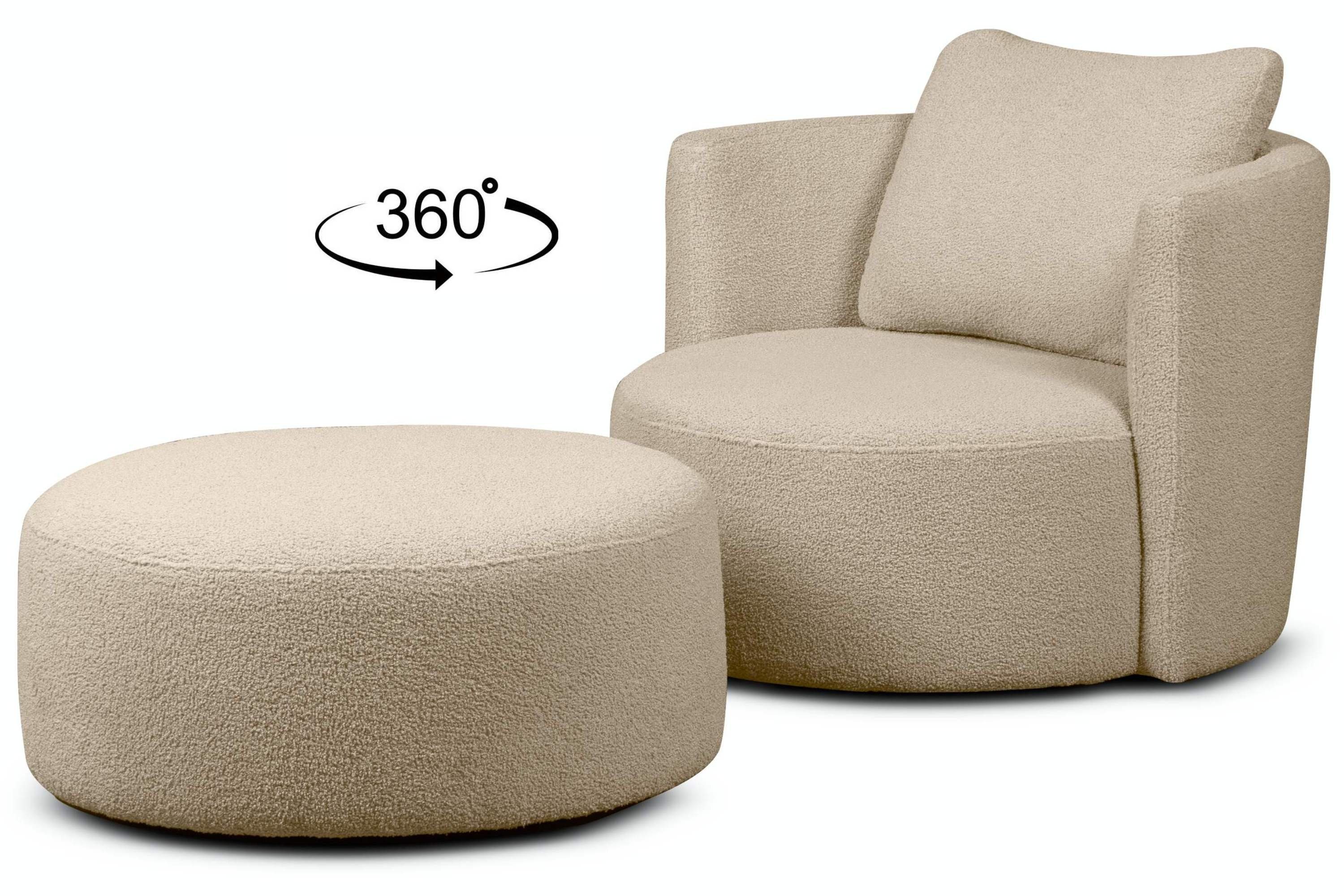 Konsimo Drehsessel RAGGI mit Sessel Sitzhocker, Drehfunktion, Bouclé-Stoff, Sitzen komfortables mit 360°