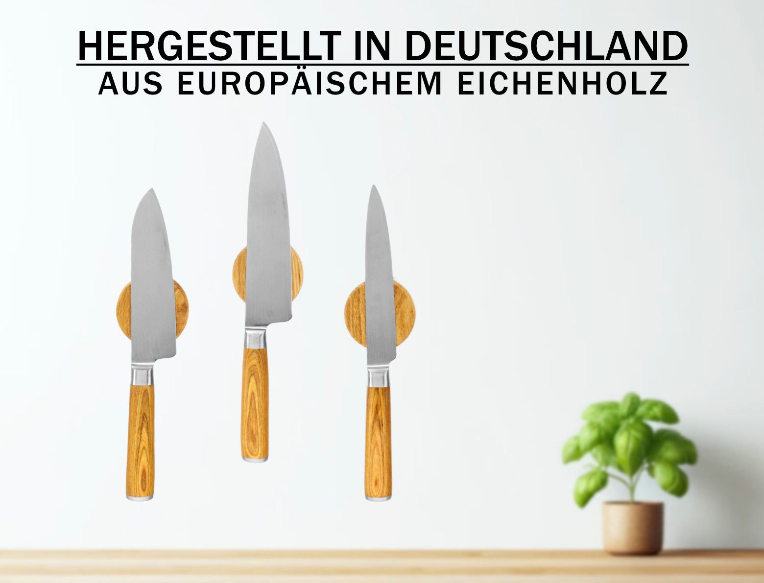 Kernholz Wand-Magnet Messerhalter aus massiven Eichenholz (3tlg), Hergestellt in Deutschland