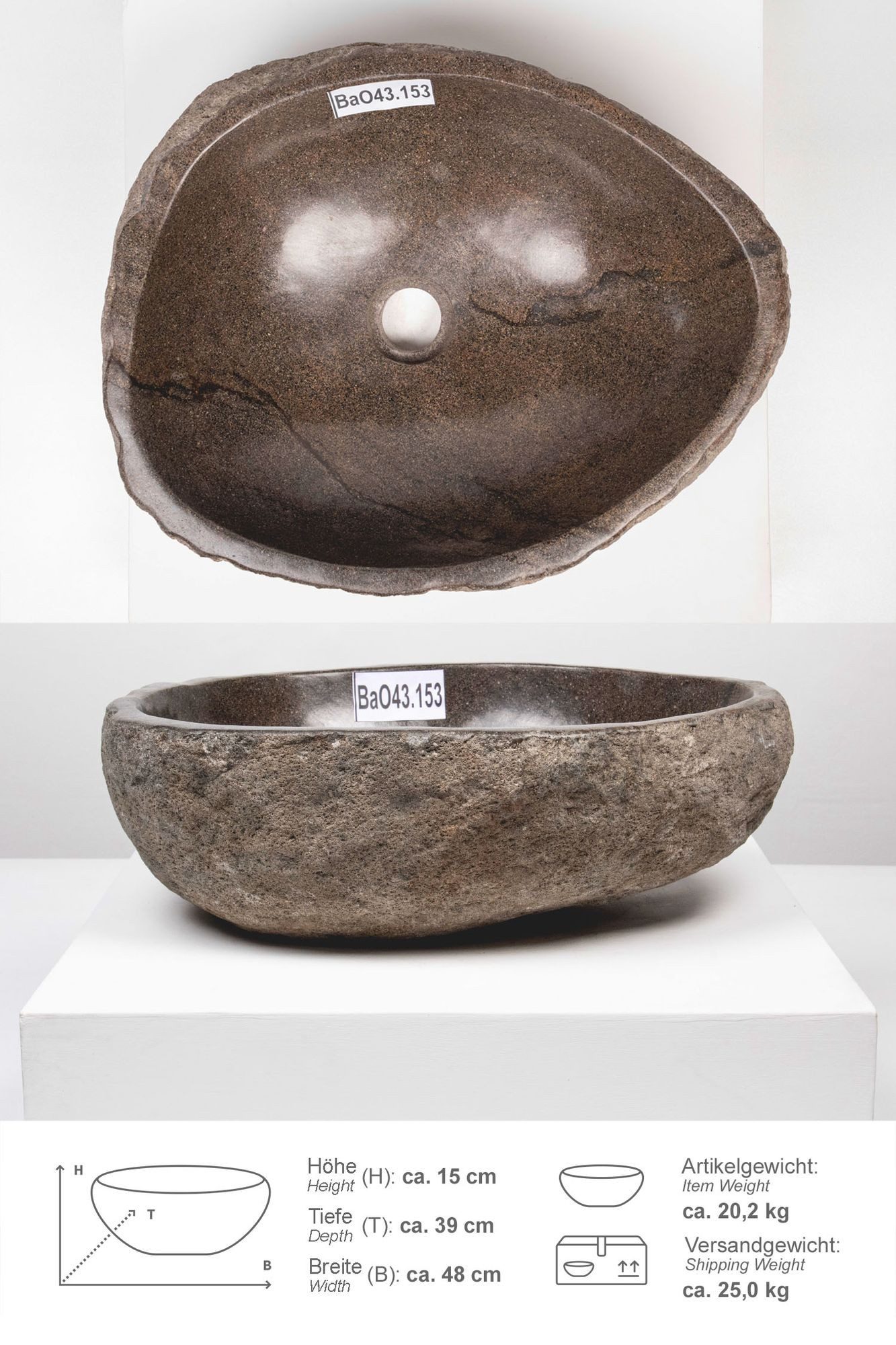 wohnfreuden Aufsatzwaschbecken Naturstein Waschbecken 40 cm oval (Kein Set), 101726_BaO43.153