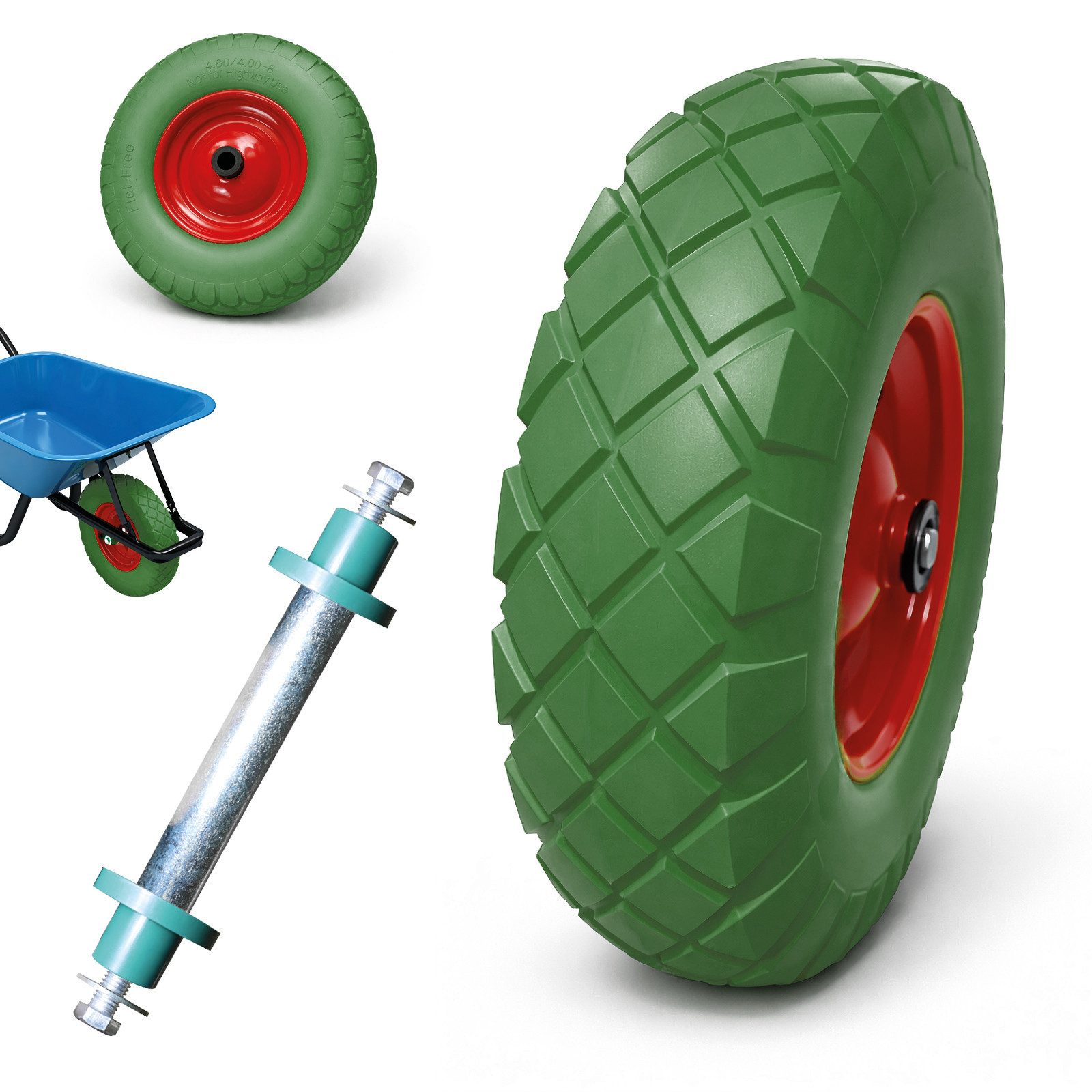Bituxx Schubkarren-Rad PU Schubkarren Rad 4.80/4 4.00-8 Grün (Set, MS-15750)
