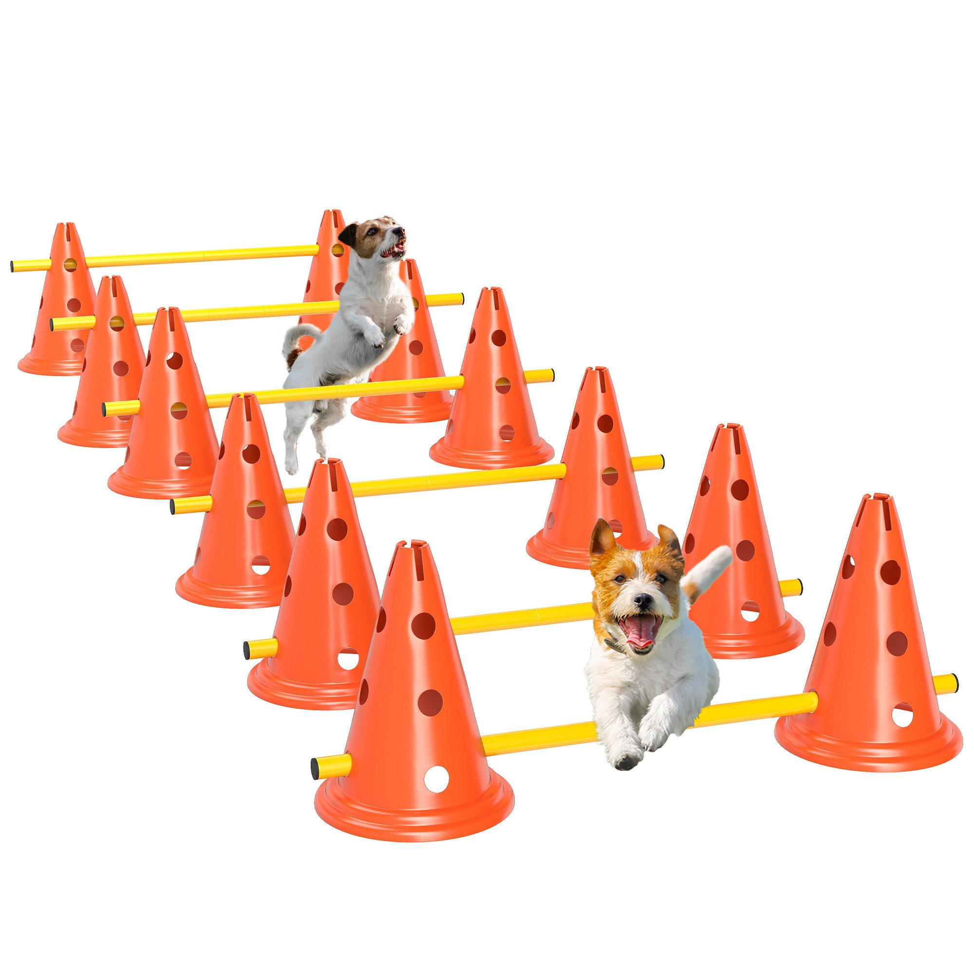 PawHut Agility-Hürde Agility Ausrüstung mit 12 Kegel, 6 höhenverstellbar Hürden, Kunststoff, Hunde-Agility-Set (6-tlg) Trainingszubehör Koordinationstraining für Spiele, Training
