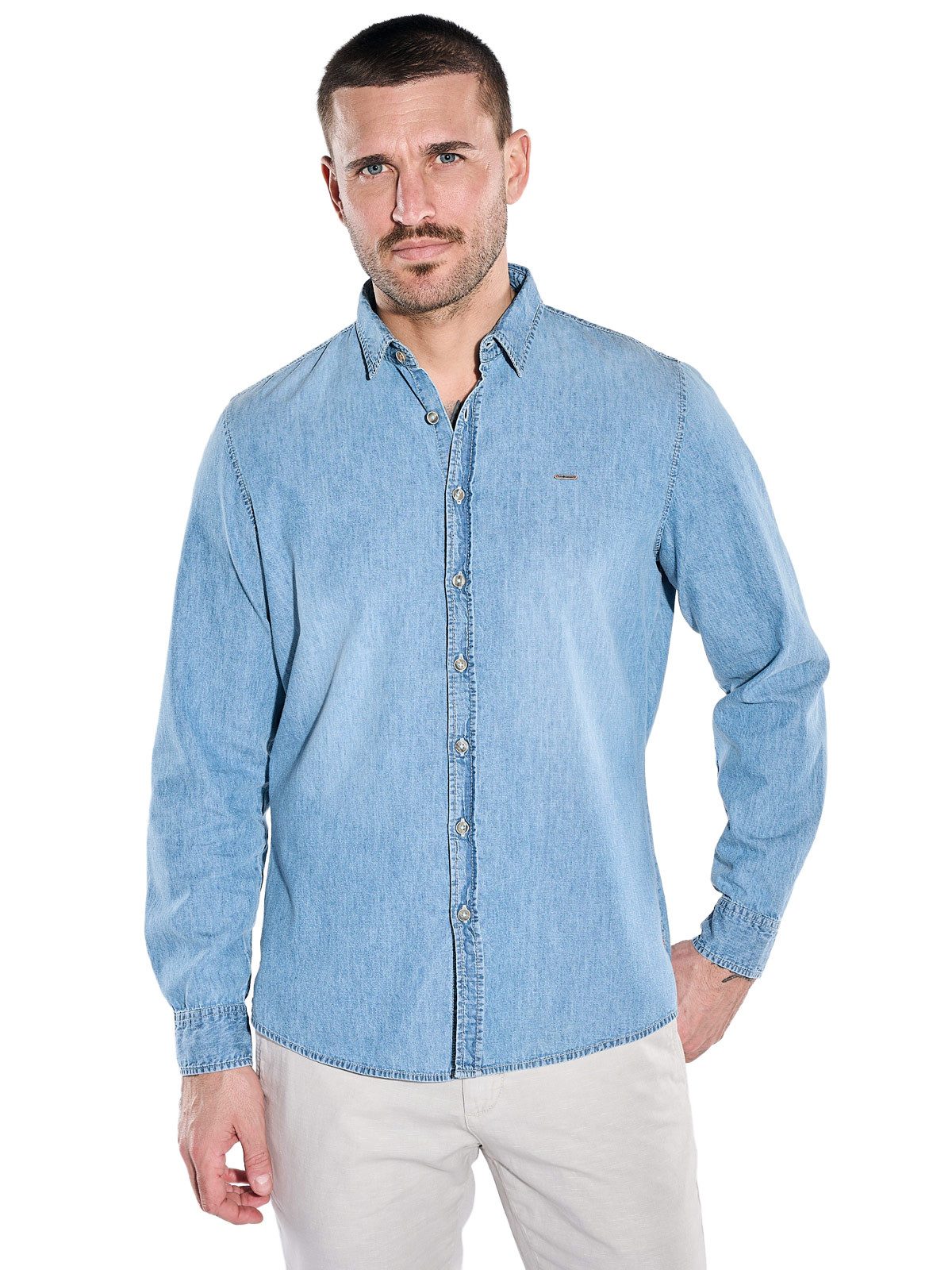 emilio adani Langarmhemd Herren Modisches Jeans-Hemd, Indigoblau