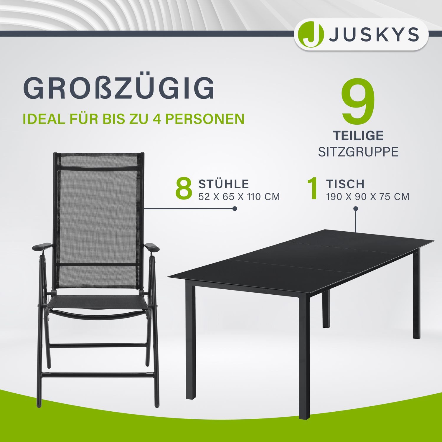 Juskys Garten-Essgruppe Milano, (9-tlg), 8 Gartenstühlen plus Tisch - Stühle klappbar und verstellbar