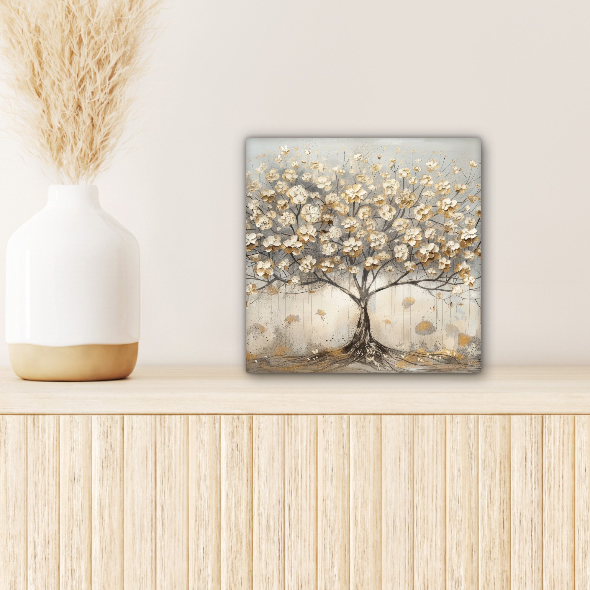 OneMillionCanvasses® Leinwandbild Baum - Beige - Gold - Farben Optik - Grau, Fotodruck (1 St), Wandbild, Deko Schlafzimmer Wohnzimmer Flur 20x20 cm