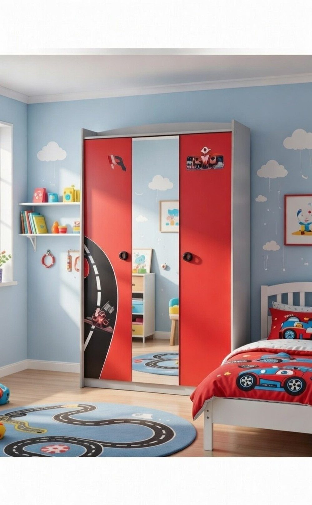 Xlmoebel Kleiderschrank Roter Kinderkleiderschrank im Rennwagen-Design mit Spiegel (Kinderkleiderschrank mit Spiegel) Made in Europa