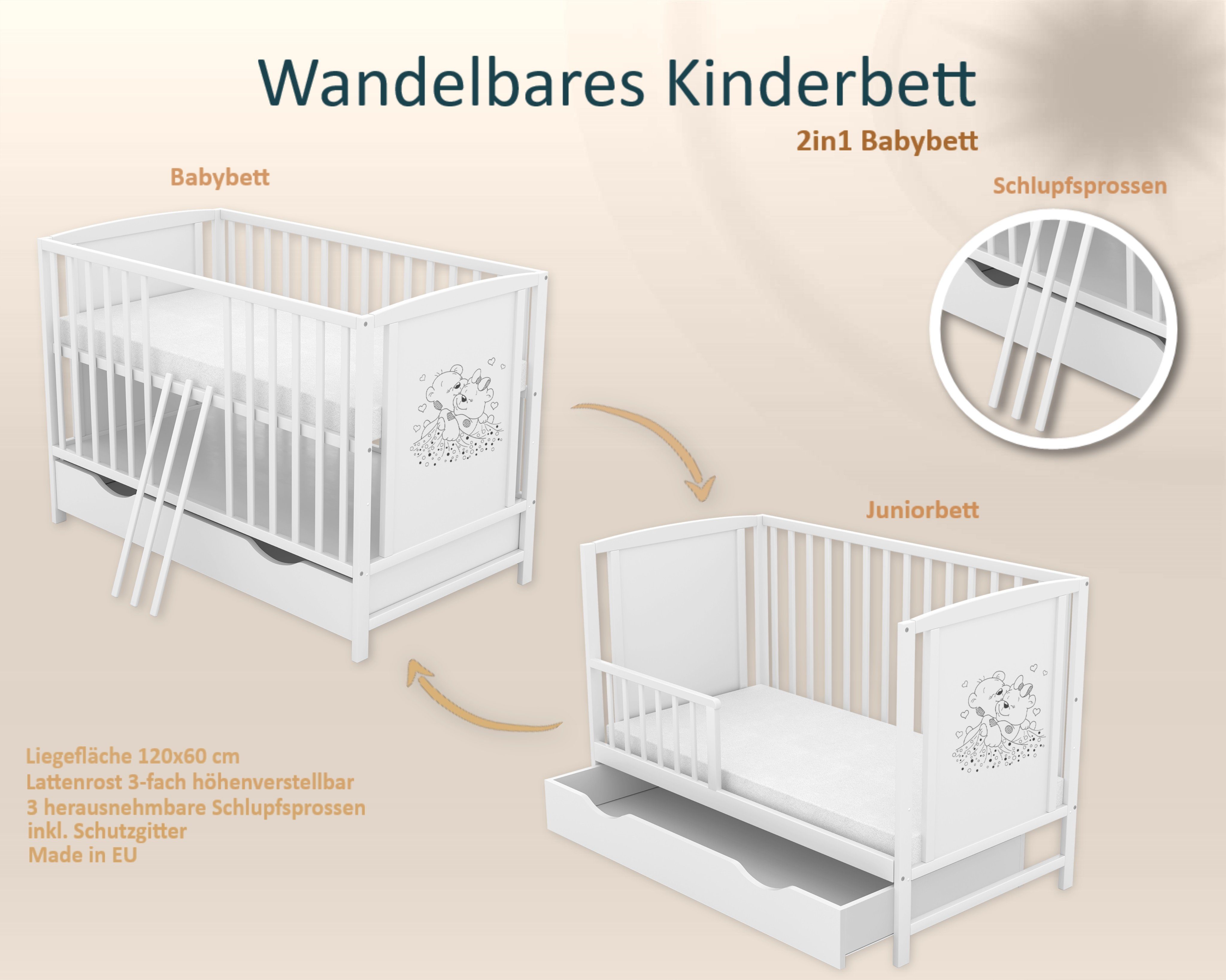Baby-Delux Babybett Mia Bettkasten Schutzgitter, Kinderbett 60x120 weiß Schublade Barriere Kiefer Teddy Motiv Matratze
