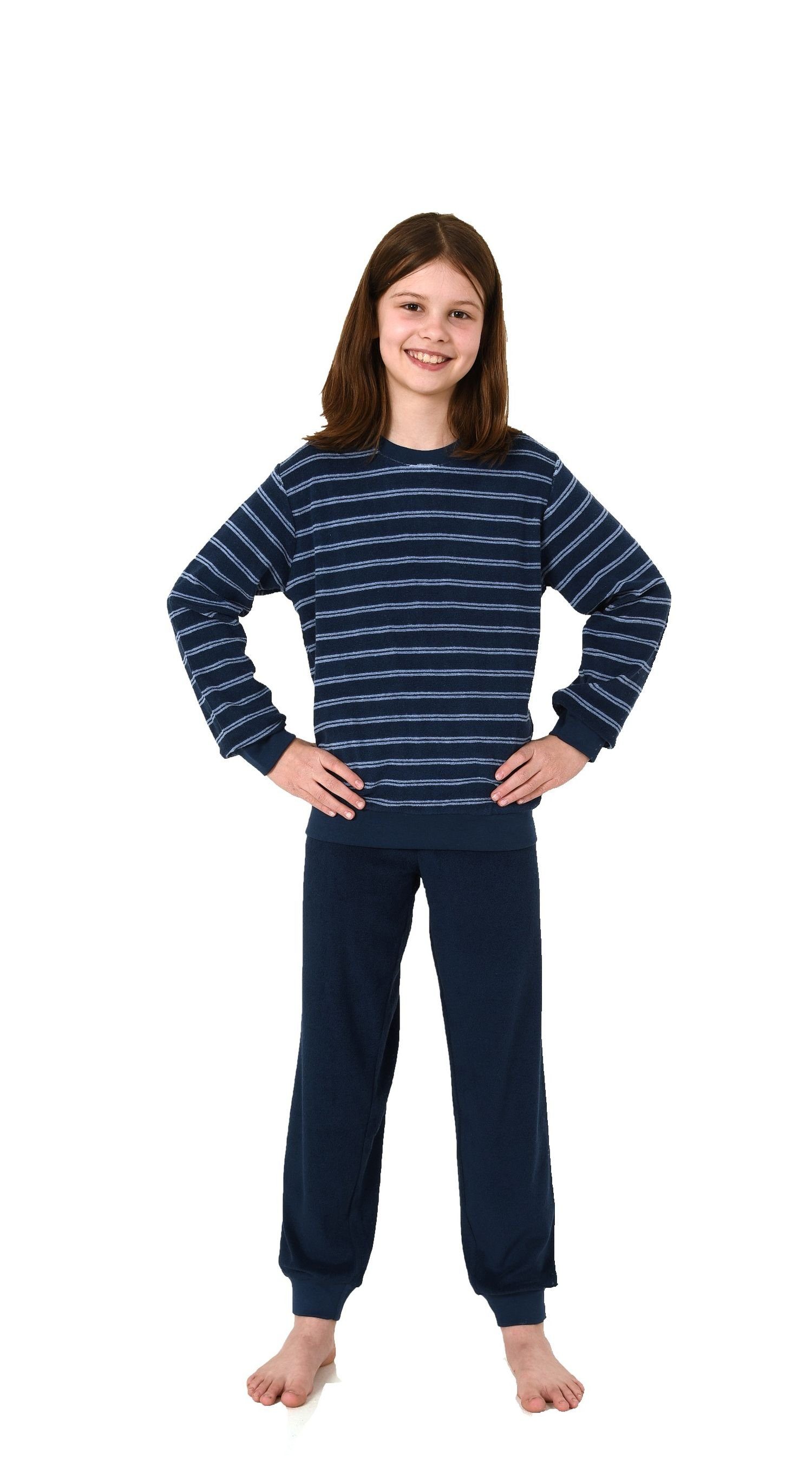 Normann Pyjama Mädchen Frottee Pyjama Schlafanzug mit Bündchen in Streifenoptik navy