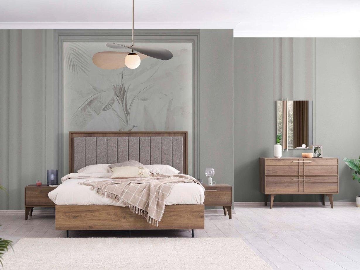 JVmoebel Schlafzimmer-Set Garnitur Komplette Doppelbett Holz 5tlg Schlafzimmer Braun Bett Modern, (Bett / Nachttische / Kommode / Spiegel), Made In Europe