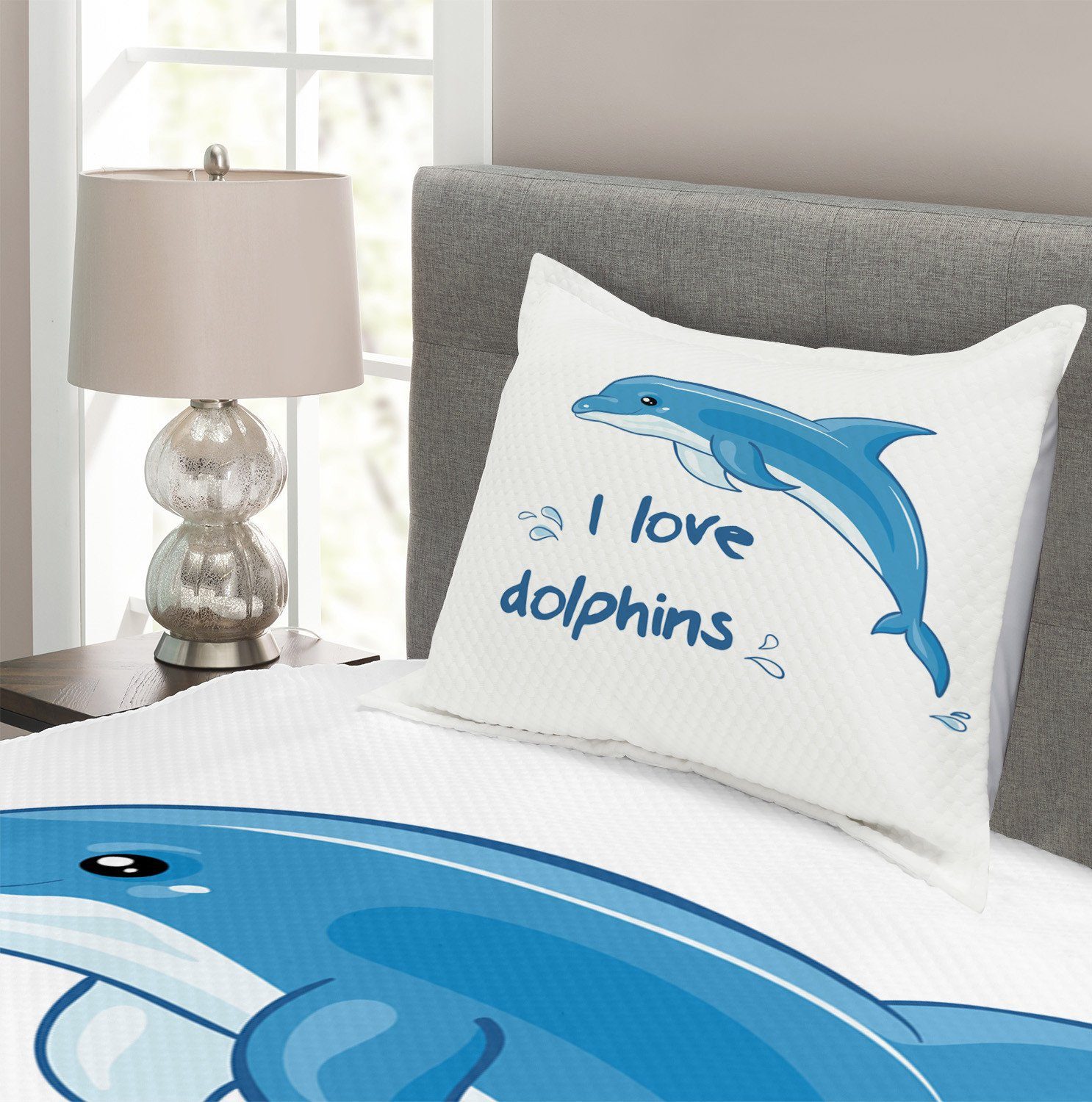 Tagesdecke Set Kissenbezügen Cartoon Delphin Waschbar, mit Tiere Abakuhaus, Ozean