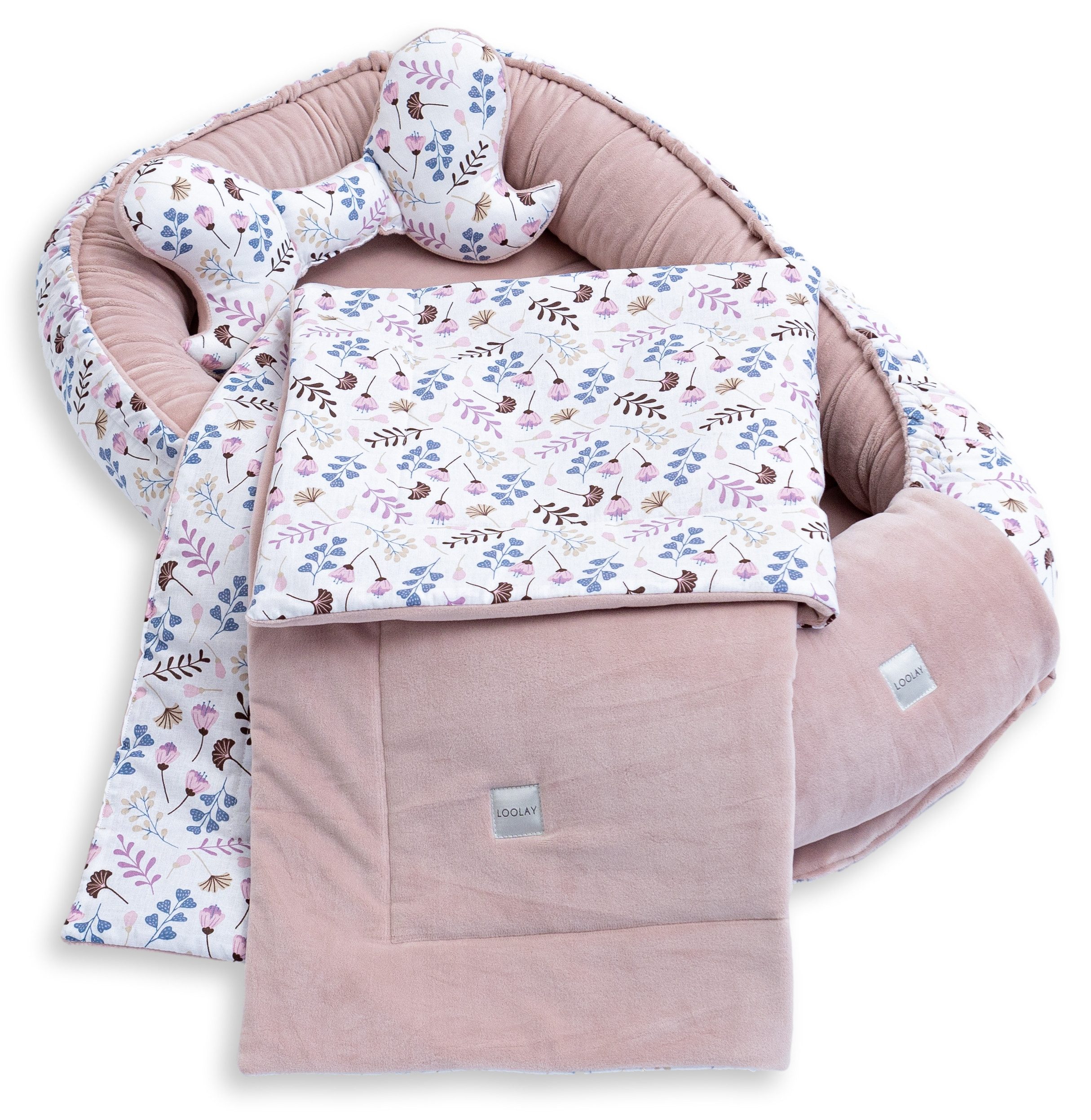 Loolay Kuschelnest BABYNEST 5 TLG. Set PREMIUM Babyausstattung Baumwolle & Samt Velours, (MUSTER: ROSA Samt Velour/ Blumen Rosa, 5-tlg., Liebevoll handgefertigt – Bild 3 von 5