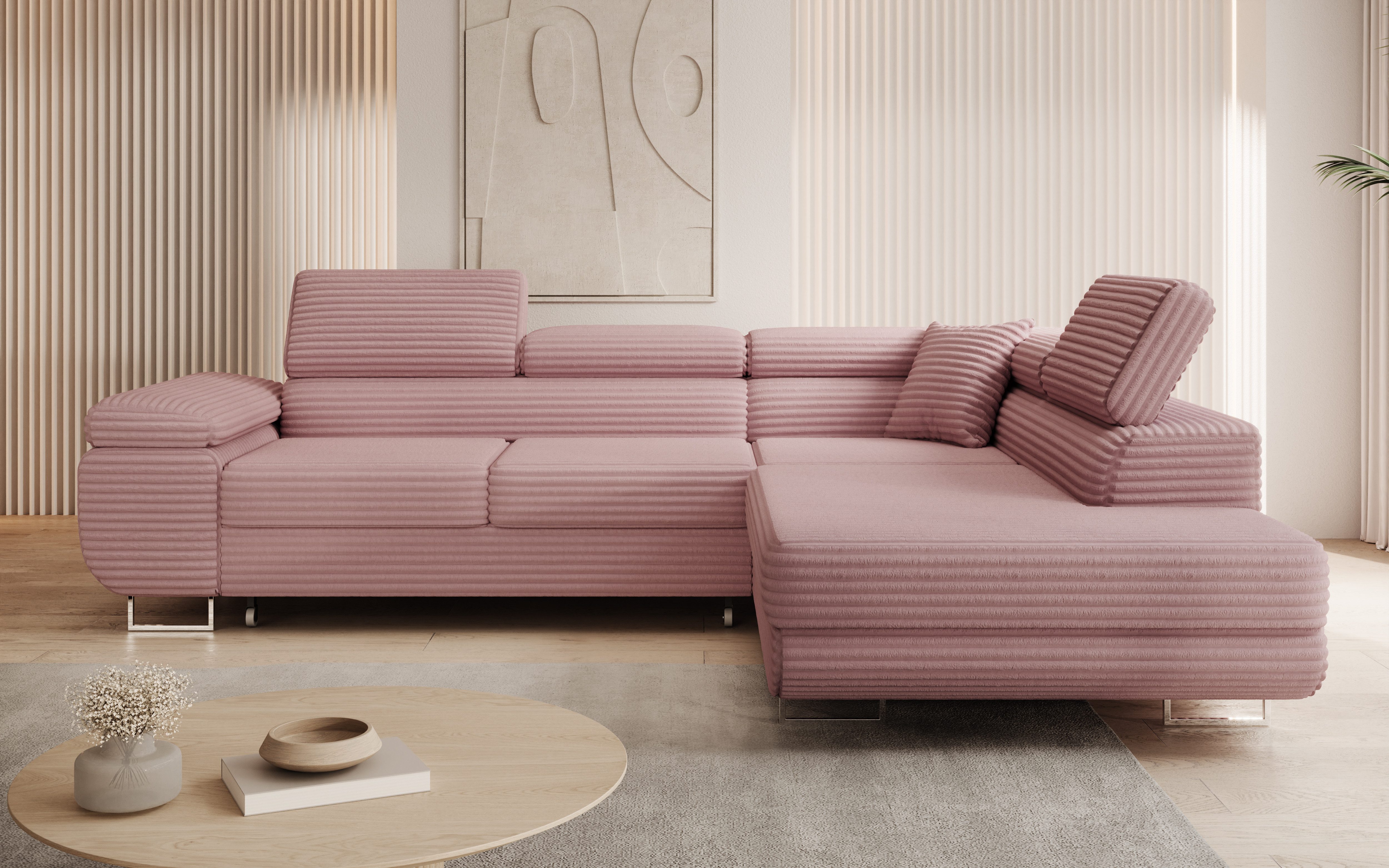 thematys Ecksofa ASTON mit Schlaffunktion & Bettkasten – Cordstoff TILIA, - mit 3 verstellbaren Kopfstützen, – L-Form 273×203 cm – Schlafsofa mit Auszug