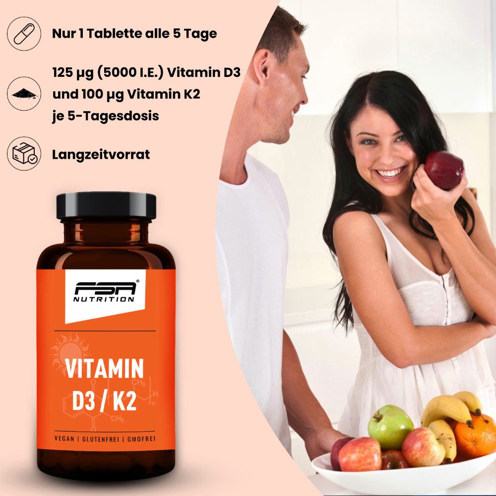 FSA NUTRITION Vitamin D3 + K2-MK7 Depot hochdosiert mit 5000 IE D3 + 100 µg K2 MK-7 Tabletten, 180 St., 45 g