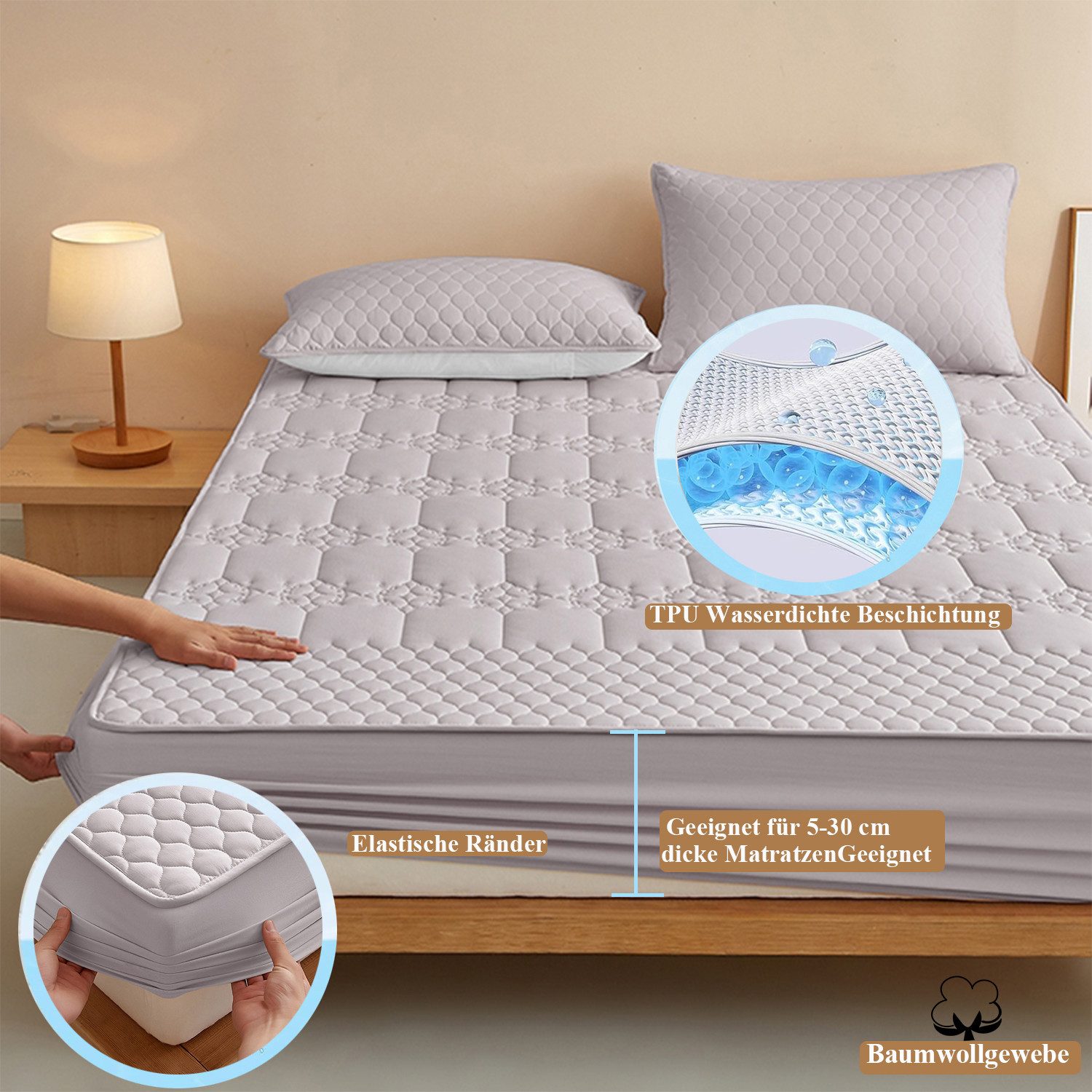 Matratzenauflage Wasserdicht Allergiker Baumwolle Matratzenschoner 90x200cm, 180x200cm wohnTRAUM24, Waschbar Anti Milben Allergiker Matratzenauflage mit Rundumbezug 