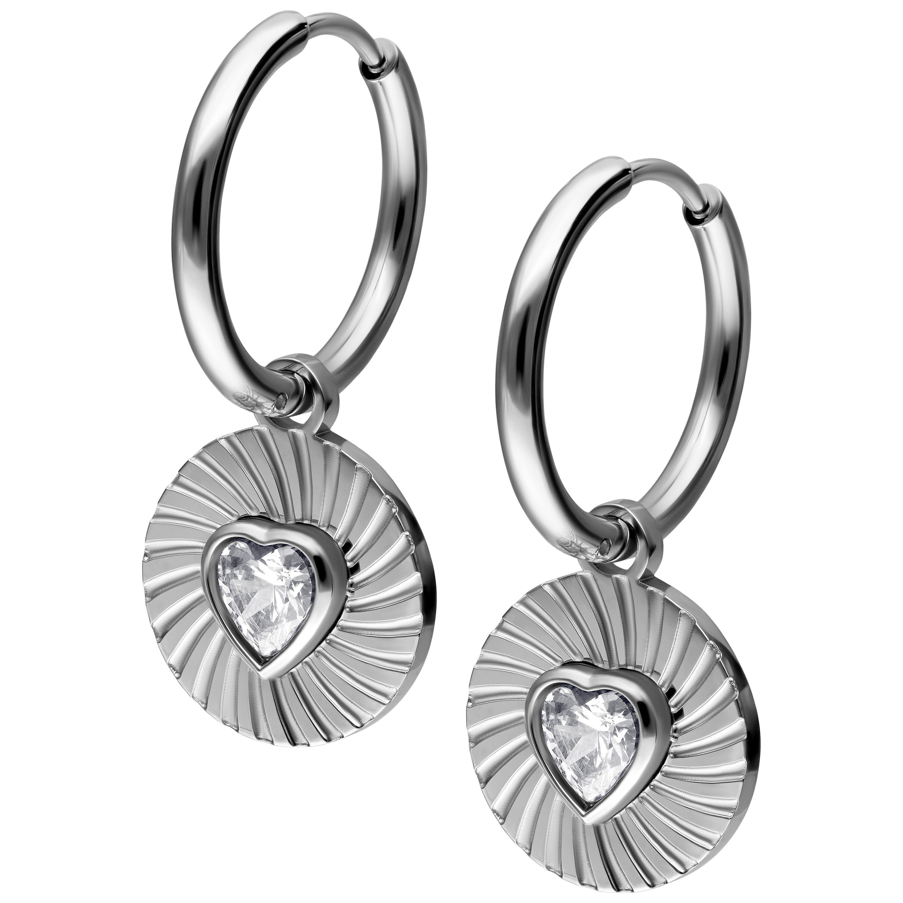 Paar Ohrhänger Little Crystal Riffled Heart Hoops Pair - Silber