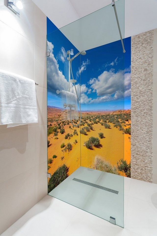 Thumbnail - Wallario Duschrückwand Wüste in Arizona - blauer Himmel mit Wolken I, (2-tlg)