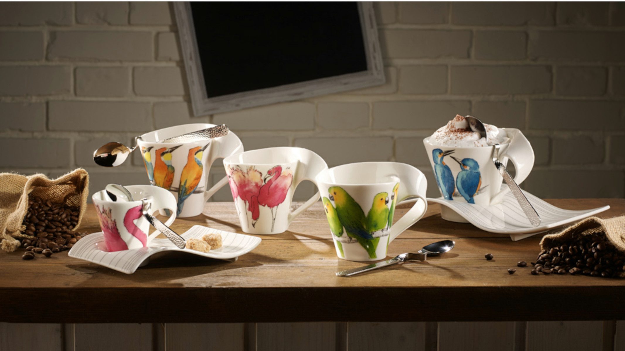 Villeroy & Boch Becher New Wave Caffe Becher m. Henkel Braunwangensittich, Premium Porcelain