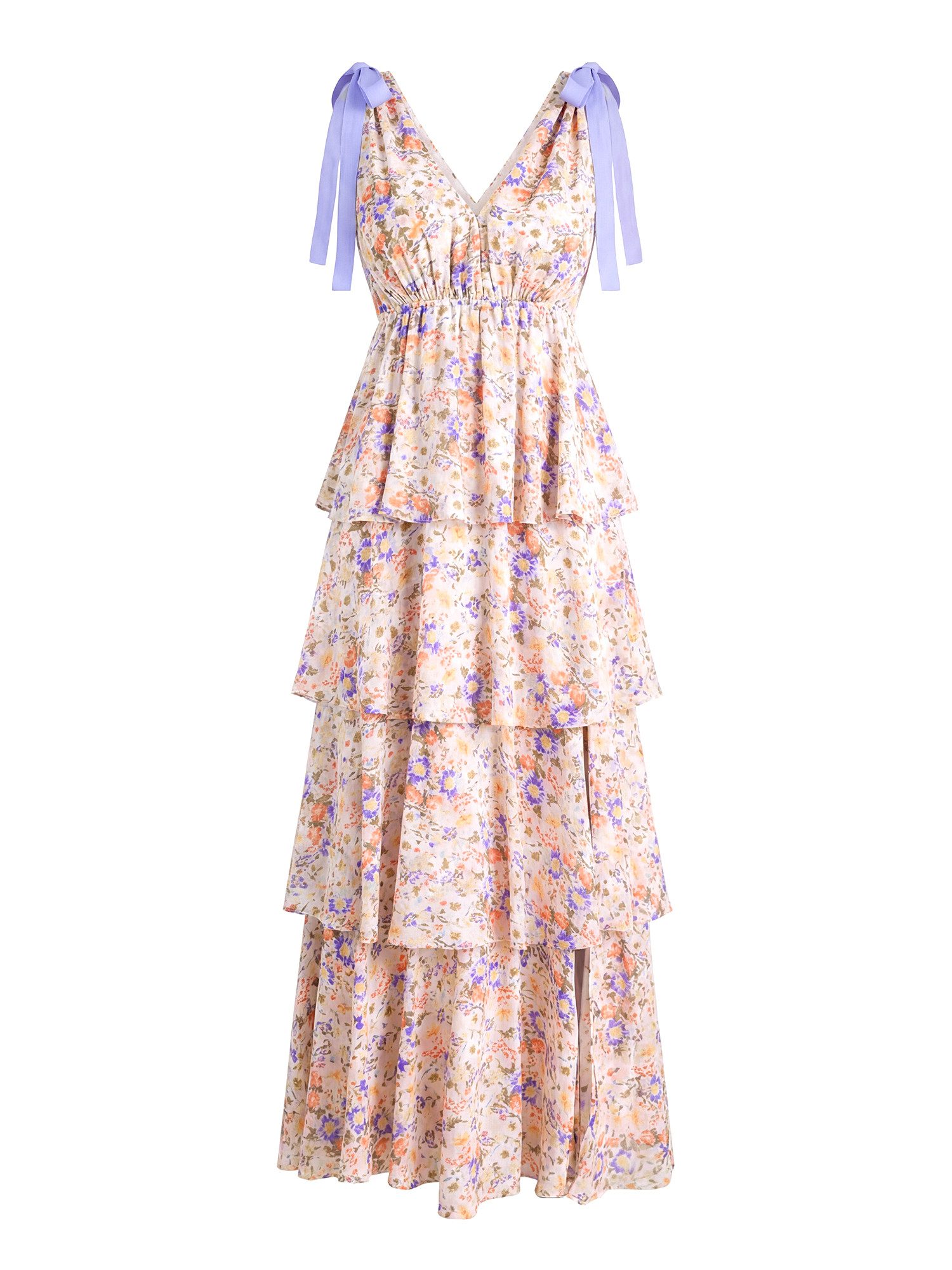 Imily Bela Maxikleid Damen Geblümte Boho Strandkleider mit hohem Schlitz (Packung, 1-tlg., 1per-Pack) mit Rüschen-Stufen