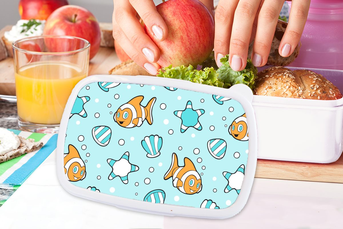 (2-tlg), für Kunststoff, und Mädchen MuchoWow Meer Clownfisch - - Muster weiß - Lunchbox Tiere, Erwachsene, Brotbox Jungs für Kinder Brotdose, und