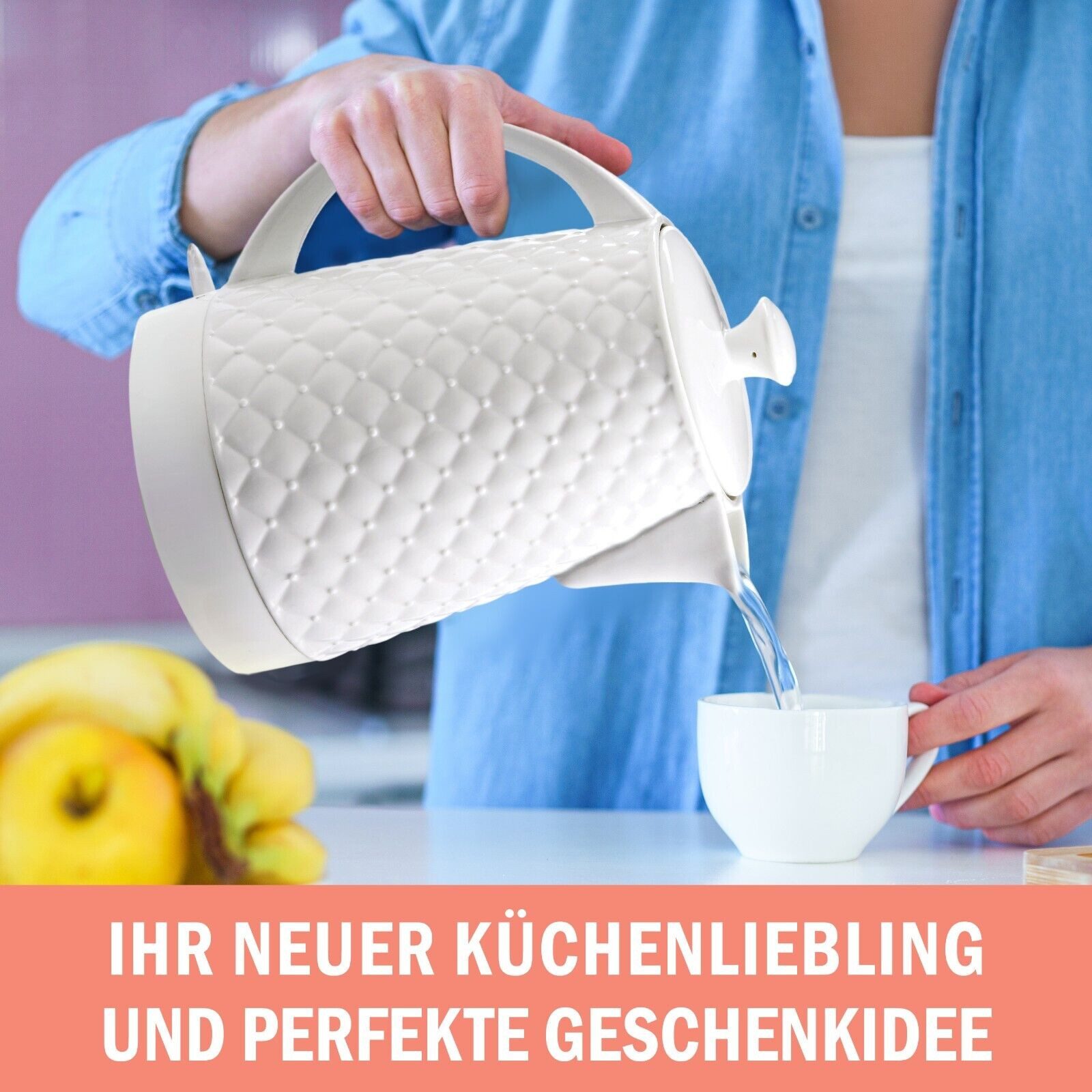 KVOTA Wasserkocher elektrisch, aus Keramik, Teekessel 1,8 L, 1500W, weiß, Gesteppt-Design, 1.8 l, 1500 W, Modernes Öko-Design