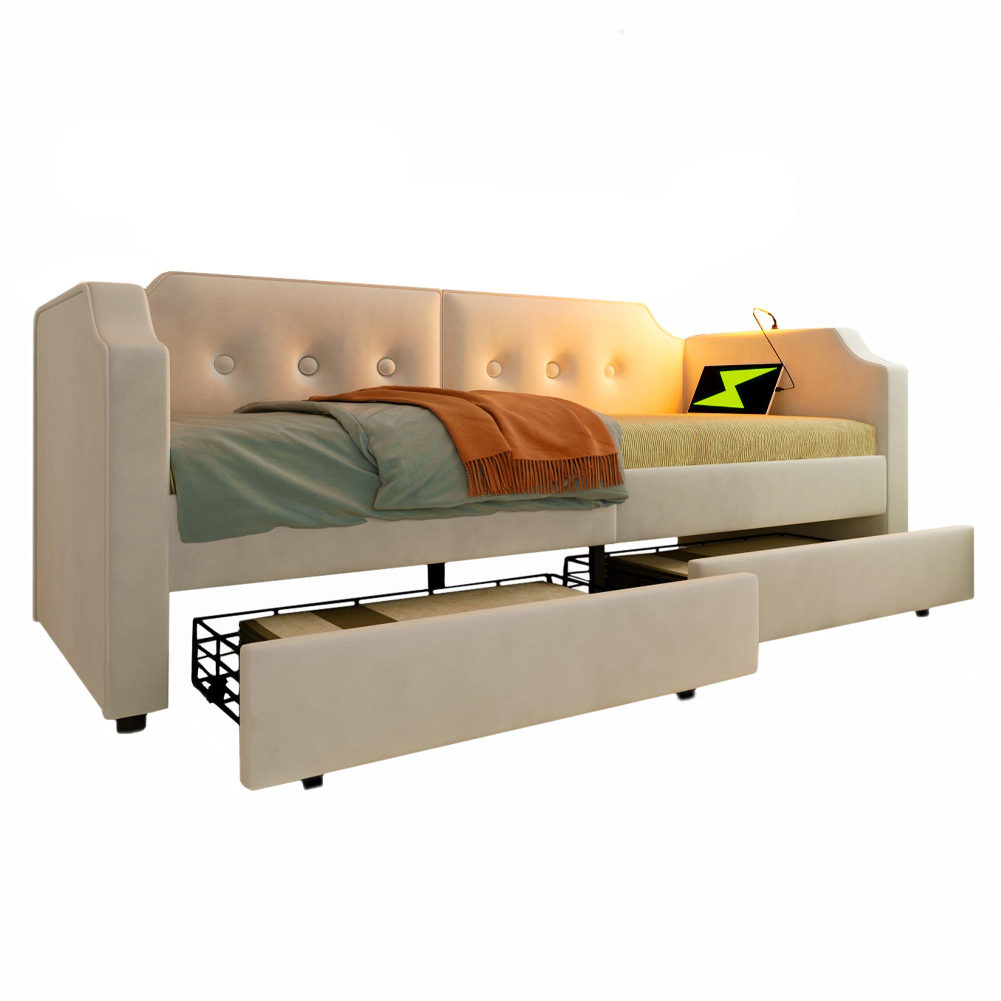 Odikalo Schlafsofa Jugendbett Polsterbett Stauraum Schubladen Holz(Ohne Matratze)90x200cm