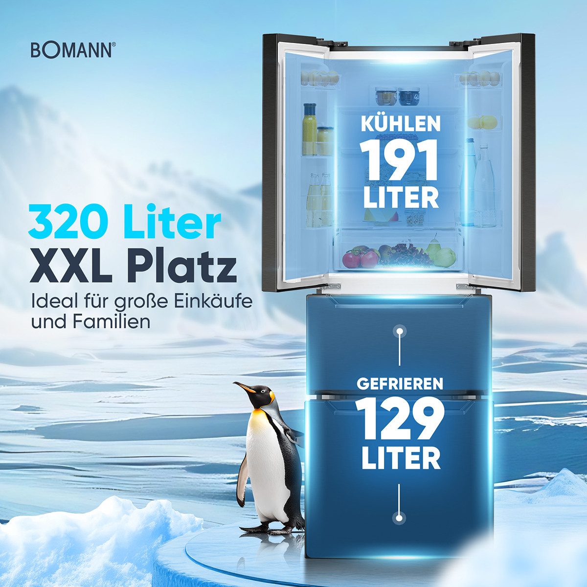 BOMANN Kühl-/Gefrierkombination KG 7361, 186 cm hoch, 63.5 cm breit, 320L, Total No Frost & MultiAirflow-System