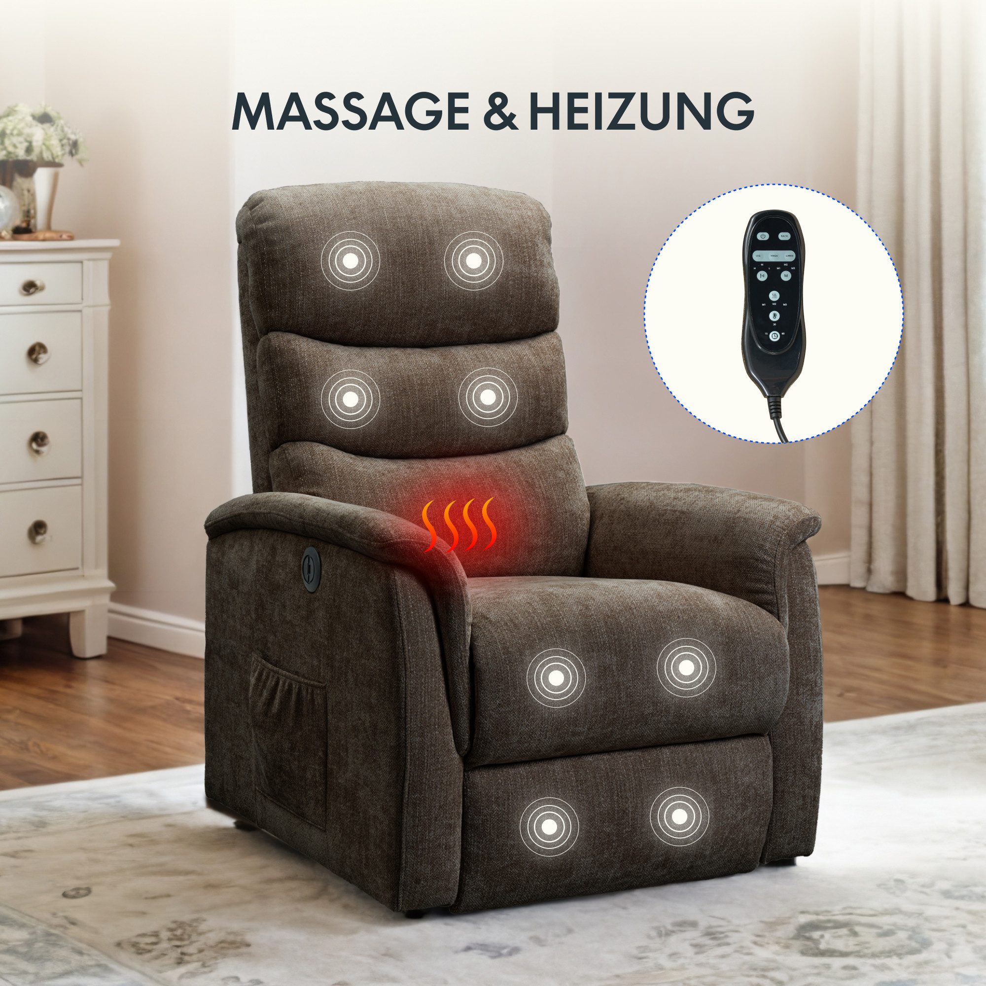 FLEXISPOT Sessel Multifunktionaler Elektrischer Relaxsessel Mit Aufstehhilfe (mit Sitzheizung-, Massage- und Liegefunktion, USB-Ladeanschluss und zusätzlicher Stauraum), 110° - 140° verstellbar